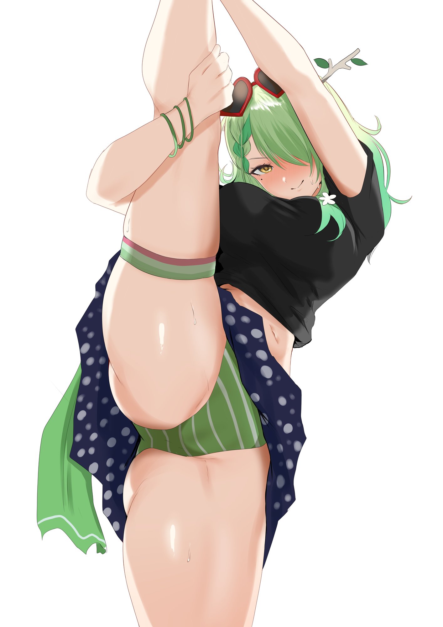 1girls, blush, ceres fauna, ceres fauna (summer 2023 swimsuit), female, female only, green hair, hololive, hololive english, hololive english -council-, hololive english -promise-, leg up, lifting, lifting leg, panties, redi (rasec asdjh), solo, solo female, splits, striped panties, sunglasses, sunglasses on head, tagme, thick thighs, upskirt, virtual youtuber, white background