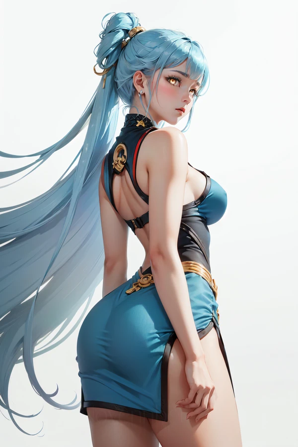 ai_generated aqua_hair arena_of_valor big_ass big_breasts breasts eyes female female_only golden_eyes hair large_breasts pose short_hair solo white_background yellow_eyes yue_(aov)