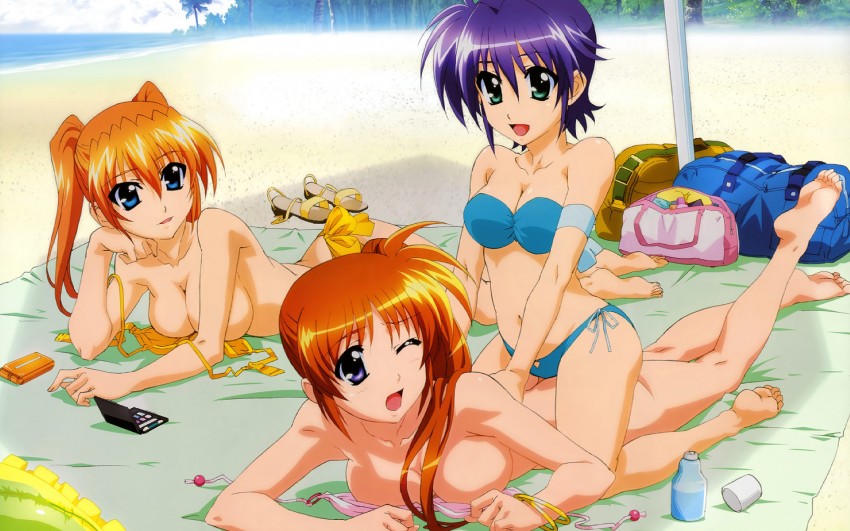 3girls ass barefoot beach bikini blue_eyes bottomless bracelet breasts brown_hair cleavage day female green_eyes happy hashimoto_takayoshi hi_res highres jewelry long_hair lyrical_nanoha mahou_shoujo_lyrical_nanoha_strikers medium_breasts multiple_girls nyantype official_art official_wallpaper one_eye_closed open_mouth orange_hair outdoors photoshop_(medium) purple_eyes purple_hair short_hair side-tie_bikini_bottom side_ponytail smile subaru_nakajima swimsuit tagme takamachi_nanoha teana_lanster topless twintails