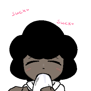 1boy 1girls afro_hair black_eyes black_hair black_skin blowjob blush choco_games closed_eyes game_jolt janna_(choco_games) tanuki220 white_sweater