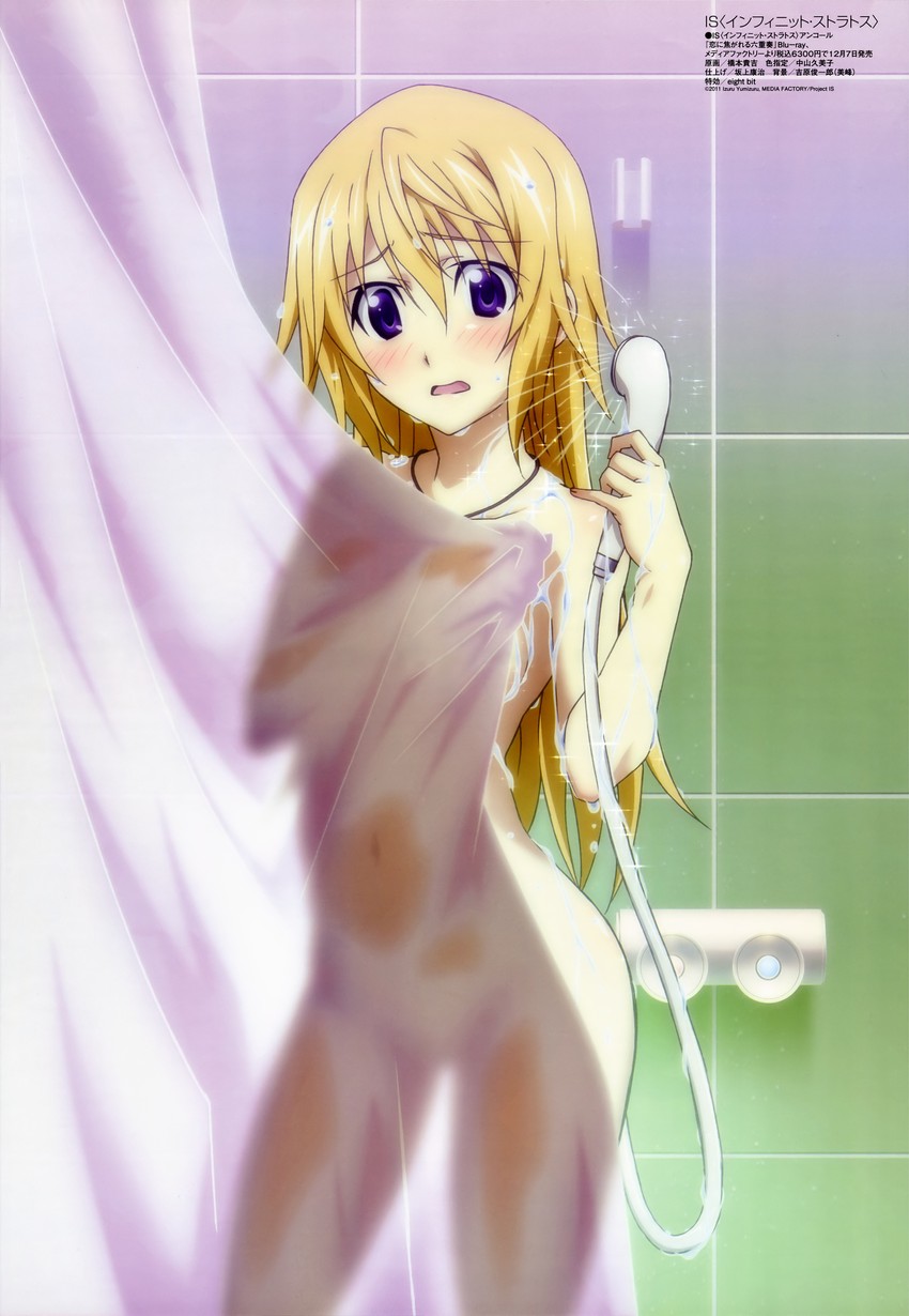 1girls absurdres arms blonde_hair blush charlotte_dunois covering hashimoto_takayoshi head highres imageboard_desourced infinite_stratos legs megami_magazine navel non-web_source nude nude_cover official_art purple_eyes see-through shower_curtain shower_head showering solo