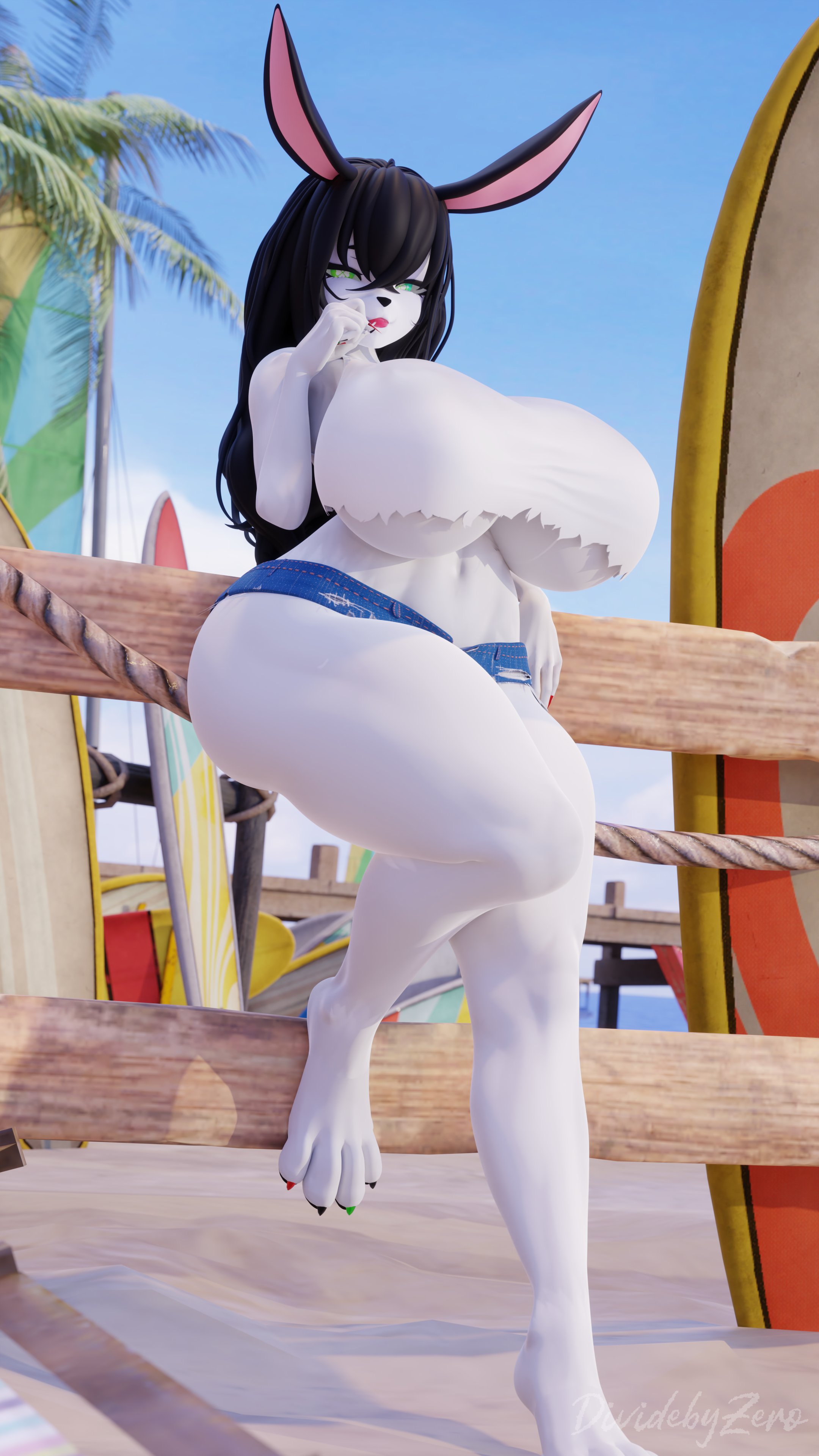 anthro, big breasts, black hair, breasts, cleavage, clothed, clothing, dividebyzero, female, female only, fur, furry, furry only, hi res, huge breasts, lipstick, solo, thick thighs, underboob, white fur, wide hips