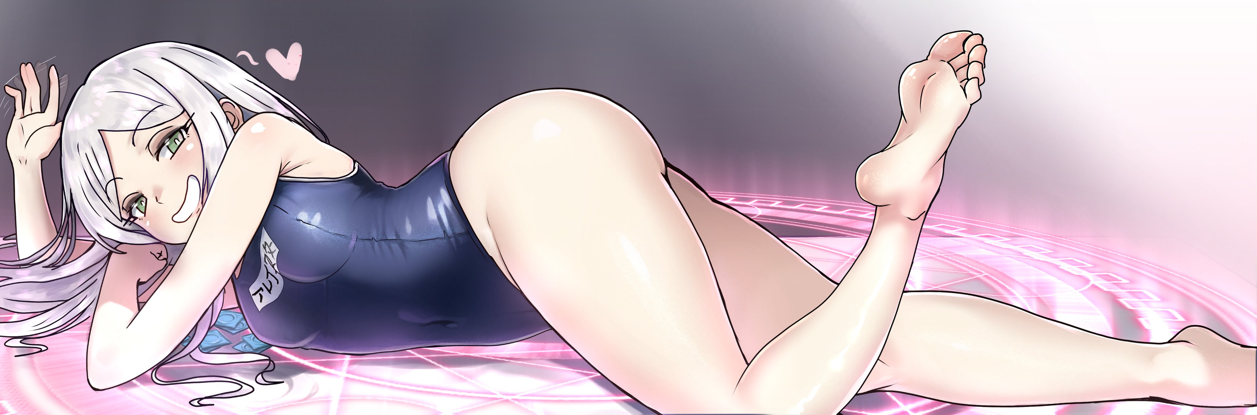 1girls, aleister crowley, barefoot, ebora, feet, female, female only, green eyes, hair, heart, hi res, legs, long hair, looking at viewer, lying, no bra, no sex, one-piece swimsuit, school swimsuit, seductive, smile, soles, solo, swimsuit, swimwear, thick thighs, thighs, to aru majutsu no index, toes, white hair, youngmanisdown