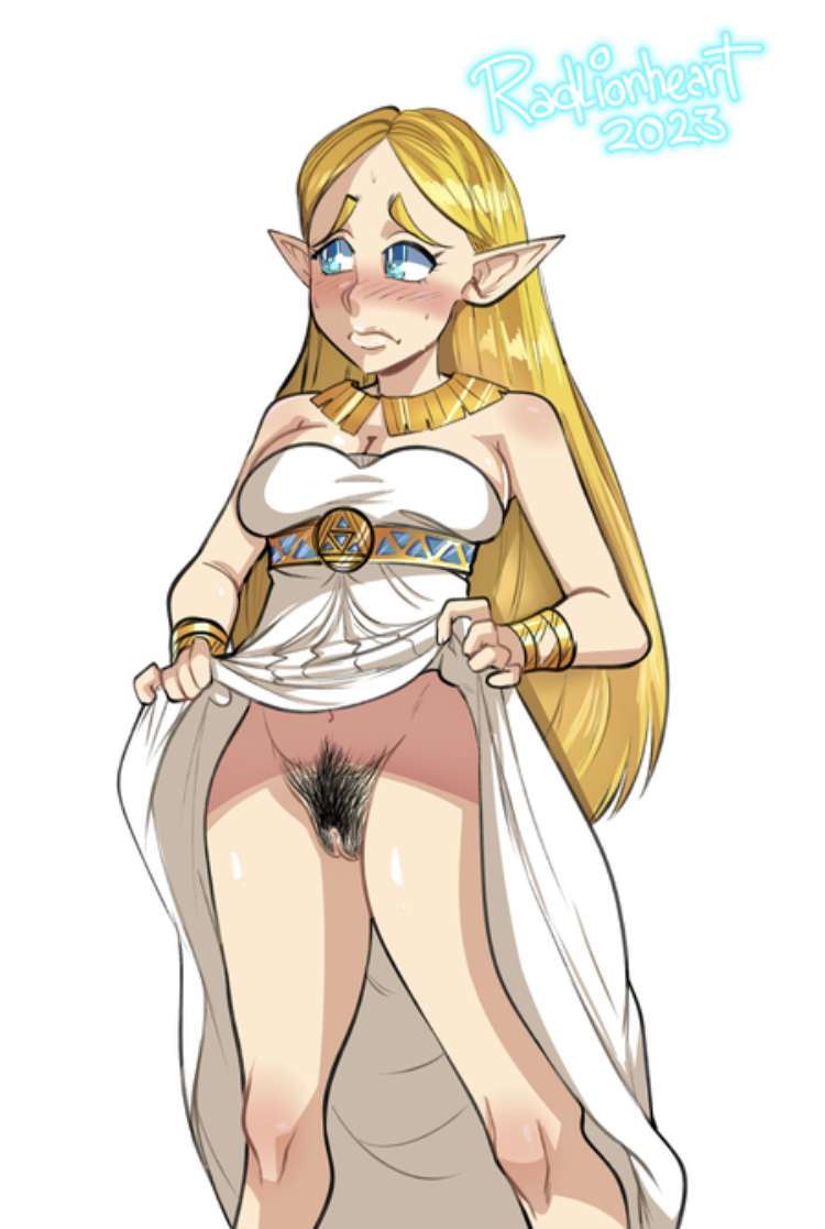 1girls, 2023, big breasts, black pubic hair, blonde hair, blue eyes, blush, breasts, breath of the wild, cleavage, clothed, clothing, clothing lift, dress, dress lift, eyebrows, female, female only, female pubic hair, front view, frown, hairy pussy, humanoid pointy ears, lifted by self, light skin, light-skinned female, long hair, nintendo, no panties, pointy ears, presenting, presenting pussy, princess zelda, pubic hair, pussy, radlionheart, simple background, sleeveless, solo, the legend of zelda, thick thighs, white background, white dress, wide hips, zelda (breath of the wild)