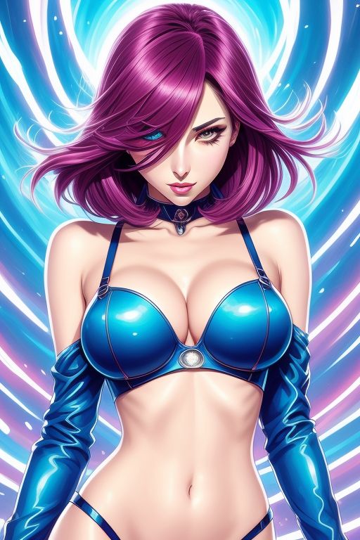 1girls ai_generated bell_haircut big_breasts bright_background bright_colors cleavage female latex latex_bra latex_clothing latex_gloves midriff multicolored_eyes navel pink_lips pooplool purple_hair sexy.ai tagme thin tight_clothing