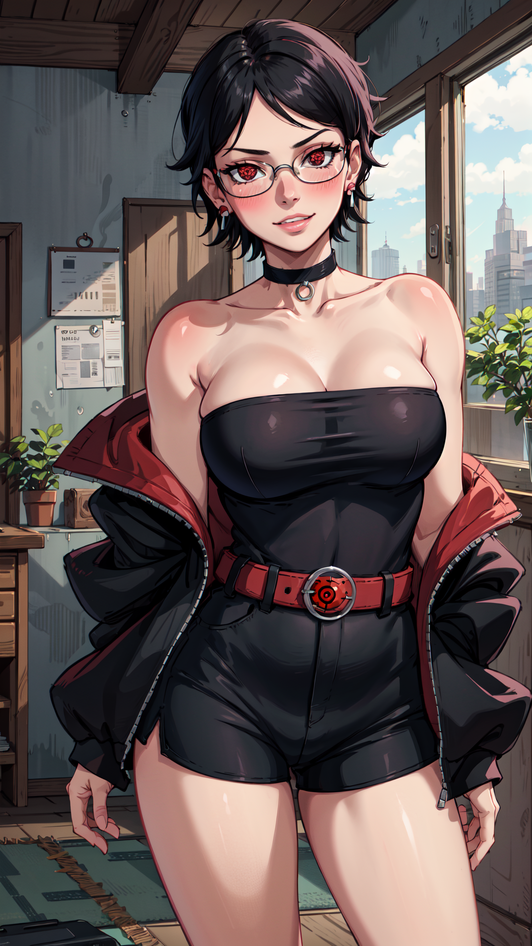 ai generated, black hair, boruto: naruto next generations, boruto: two blue vortex, female, female focus, glasses, naruto, naruto (series), sarada uchiha, teenage girl, teenager