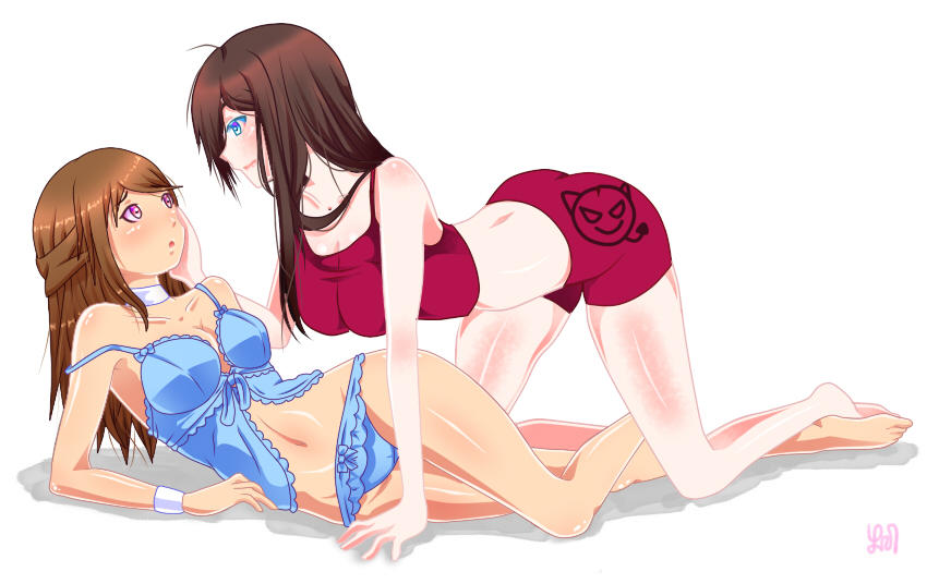 2girls ass blue_eyes blue_lingerie blue_negligee blue_panties bow_panties breasts brown_hair choker crop_top large_breasts laying_on_ground lingerie long_hair midriff navel negligee panties pink_eyes red_crop_top red_shorts shorts waru_ayumu yuri