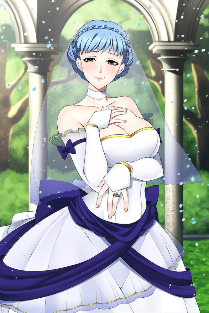 1girls alternate_costume bare_shoulders blue_hair braid breasts bridal_veil bride bride_(fire_emblem) brown_eyes choker cleavage collarbone commentary dress english_commentary female female_only fire_emblem fire_emblem:_three_houses jewelry large_breasts lindaroze looking_at_viewer marianne_von_edmund nintendo ornate_ring petals ring short_hair smile solo veil wedding_dress wedding_ring