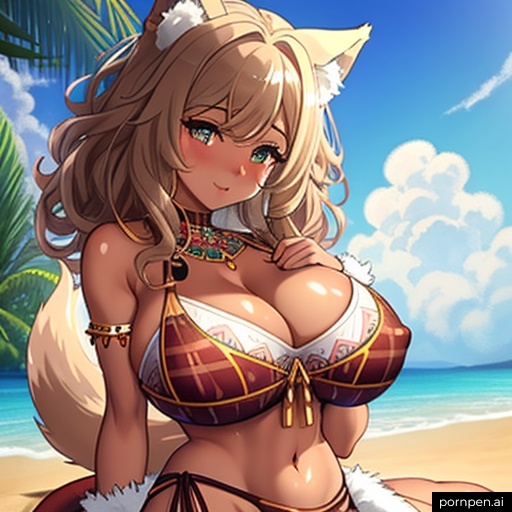 1girls ai_generated beach big_breasts bikini breasts clothed clothed_female female female_only fox_ears fox_girl fox_tail furry green_eyes hand_on_chest huge_breasts jfxjxf looking_at_viewer pornpen.ai sitting sitting_on_ground sitting_on_sand smile tanned_female tanned_skin