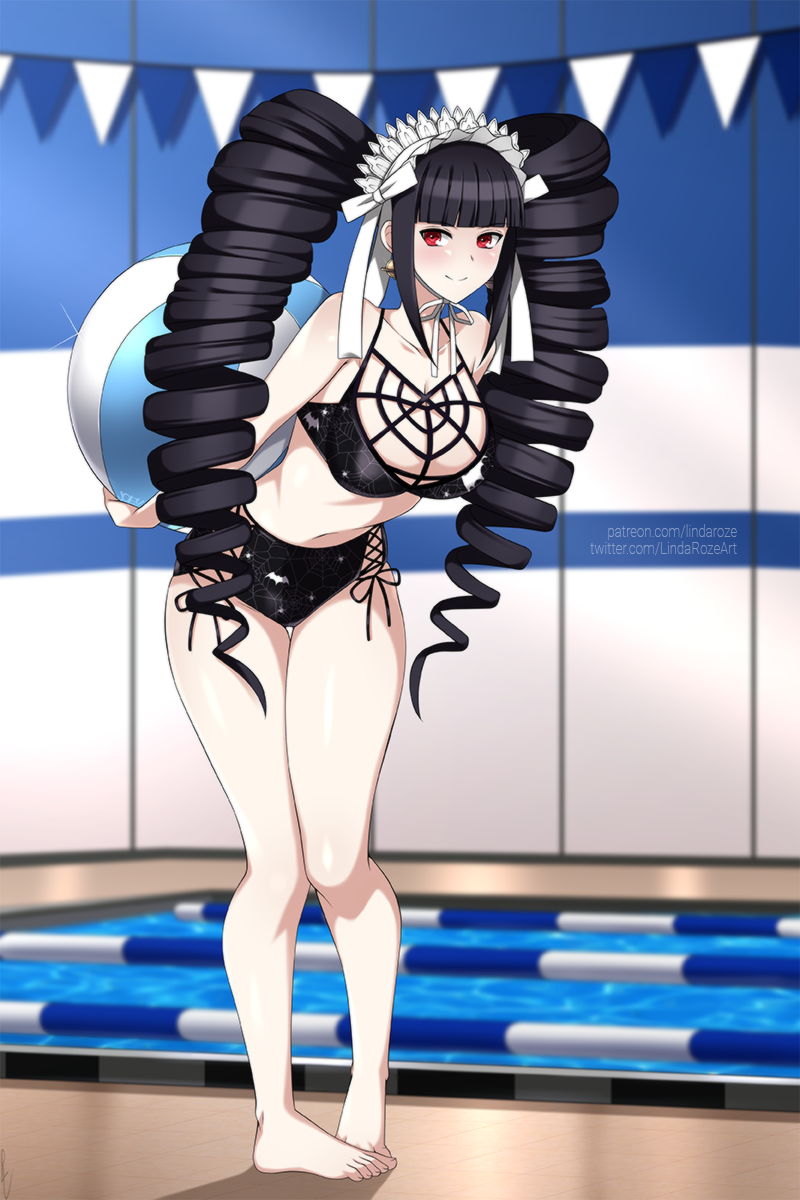 1girls beach_ball bending_over bikini black_bikini black_hair black_swimsuit breasts celestia_ludenberg danganronpa danganronpa:_trigger_happy_havoc earrings female_only headdress holding_beachball large_breasts lindaroze looking_at_viewer midriff pool poolside red_eyes swimsuit twin_drills