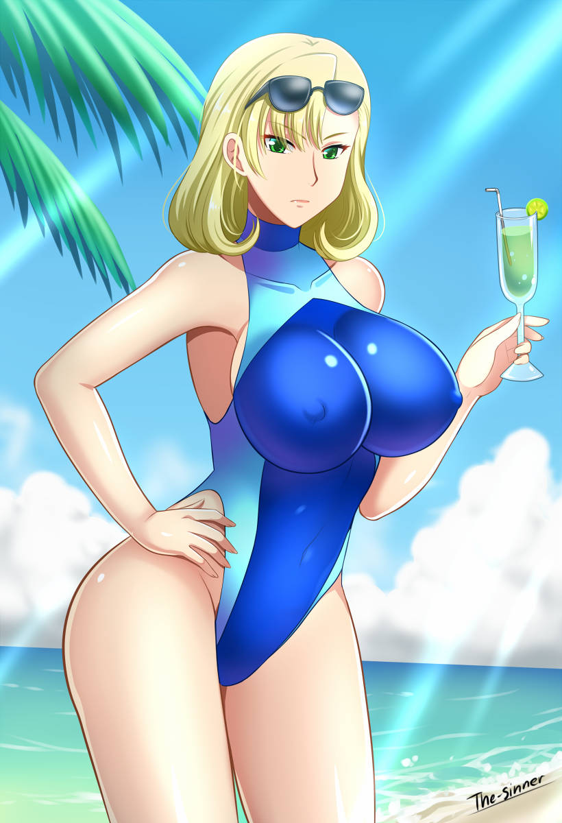 1girls alcohol beach blonde_hair blue_one-piece_swimsuit blue_swimsuit breasts clouds discipline:record_of_a_crusade green_eyes hand_on_hip holding_glass large_breasts looking_at_viewer martini martini_glass medium_hair nipple_bulge ocean one_piece_swimsuit outside palm_tree sky sunglasses sunglasses_on_head swimsuit the-sinner water yamagata_saki