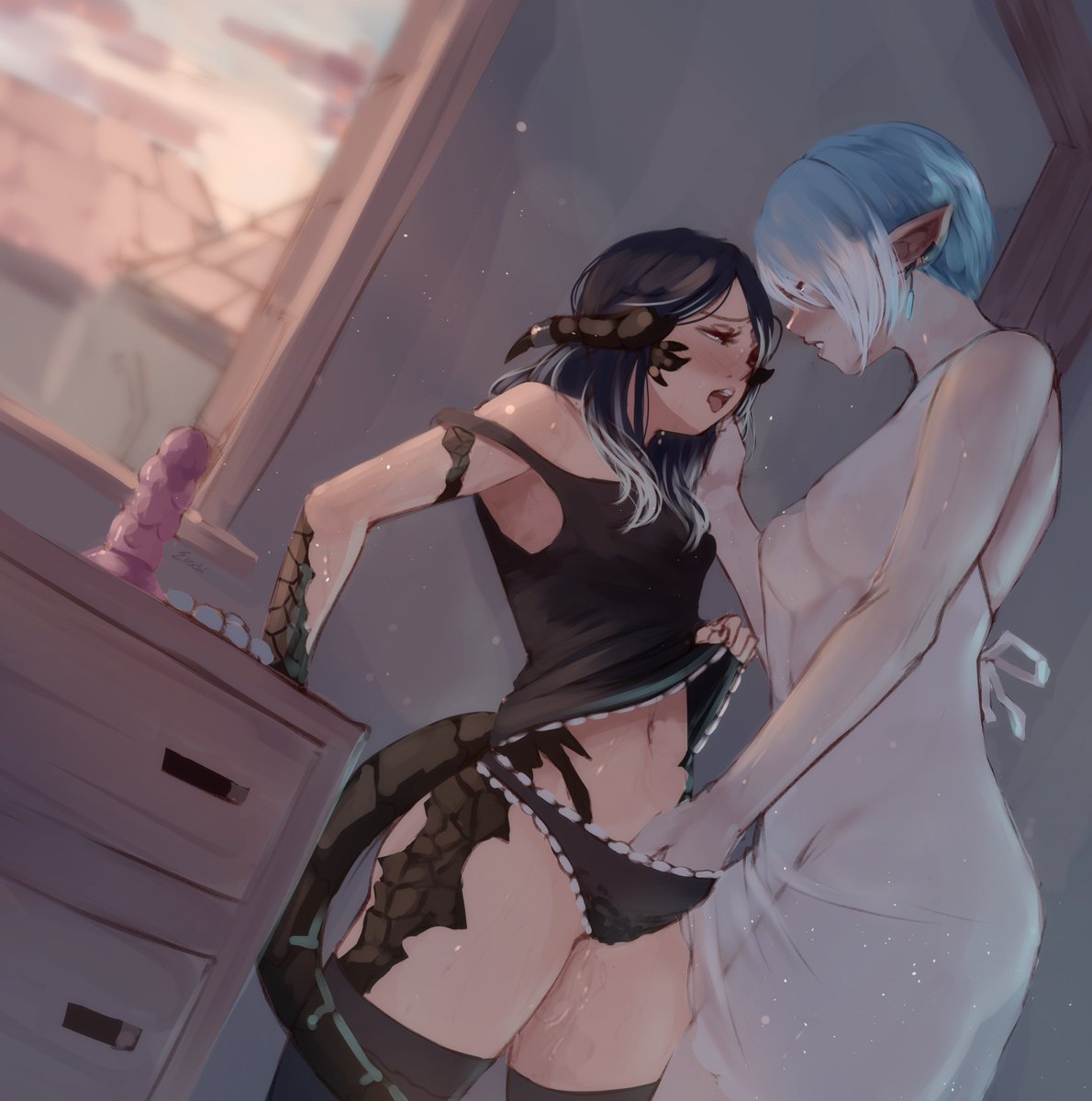 au_ra elezen erochi final_fantasy_xiv hand_in_panties see-through vulva_handjob yuri