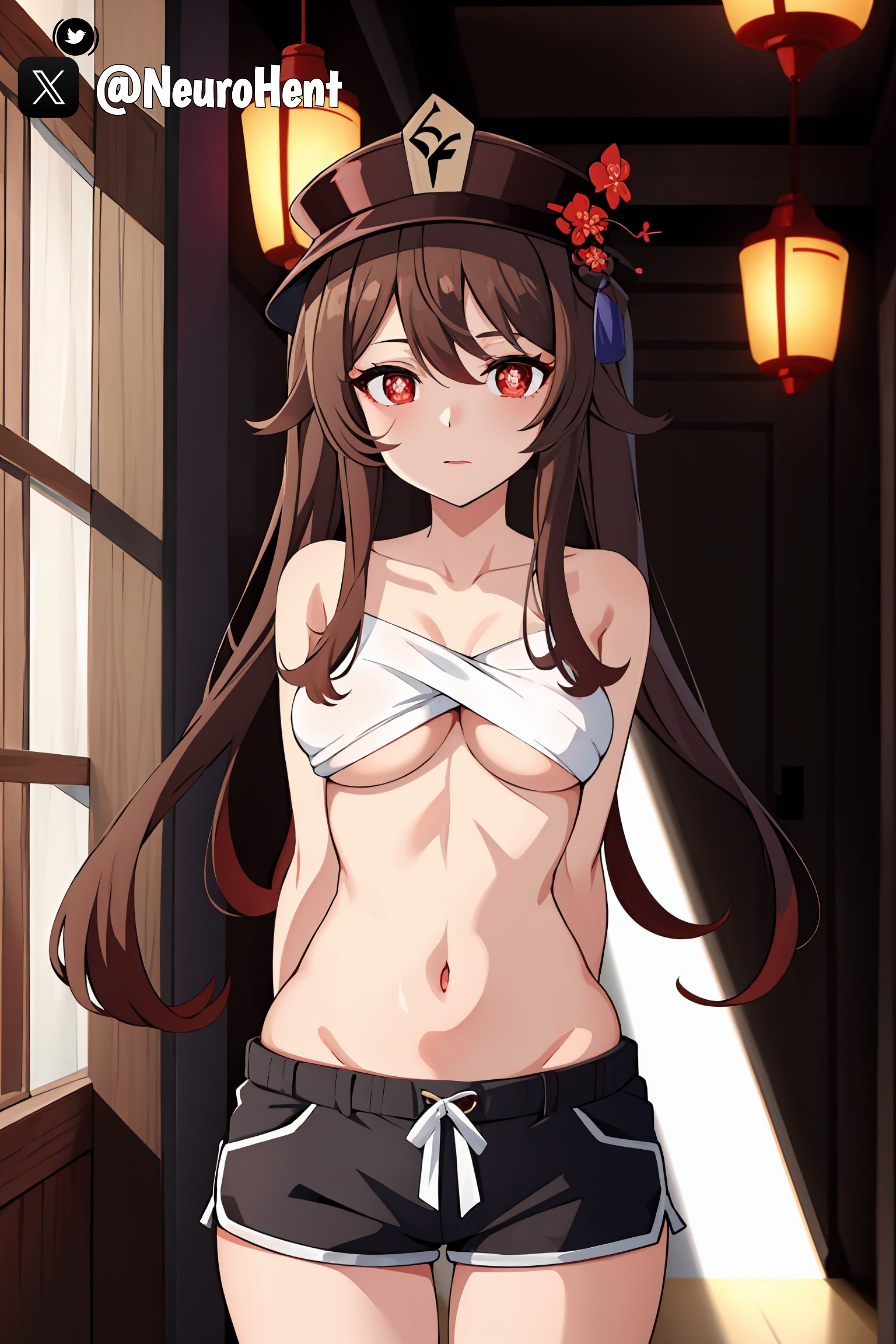 1girls, ai generated, arms behind back, bandage, bangs, belly, breasts, dark hair, female, female only, genshin impact, hat, hu tao (genshin impact), long sleeves, looking at viewer, red eyes, shorts, solo, standing