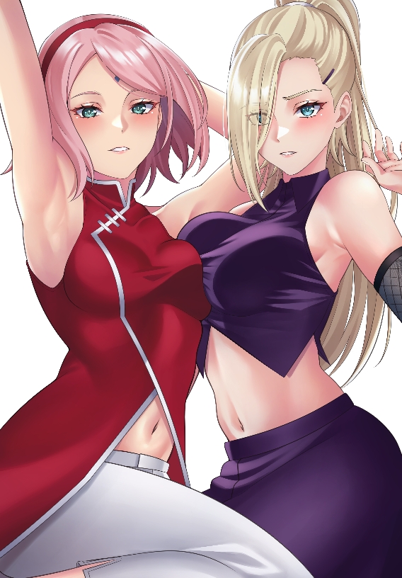 2girls asymmetrical_docking big_breasts blonde_hair blue_eyes blush boruto:_naruto_next_generations breast_docking breast_focus breast_press breast_size_difference china_dress crop_top dress eyebrows_visible_through_hair eyes_visible_through_hair female female_only green_eyes hair_over_one_eye ino_yamanaka looking_at_viewer mature mature_female medium_breasts midriff milf multiple_girls naruto naruto_(series) no_bra no_bra_under_clothes pants pink_hair ponytail presenting presenting_self sakura_haruno skirt sleeveless sleeveless_shirt take_your_pick tied_hair upper_body vest wanzi_(99wanzi99)