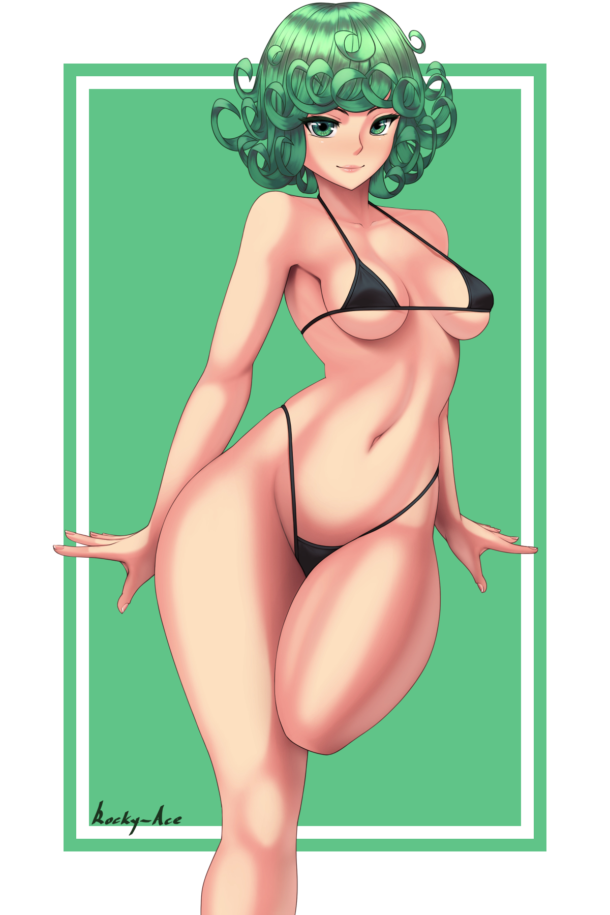 1girls, alternate costume, alternate version available, bikini, bikini bottom, bikini top, black bikini, bottomwear, breasts, cleavage, female, female only, green eyes, green hair, hair, hips, legs, lips, medium breasts, one-punch man, rocky-ace, short hair, solo, solo female, swimwear, tatsumaki, thick thighs, thighs, topwear, wide hips