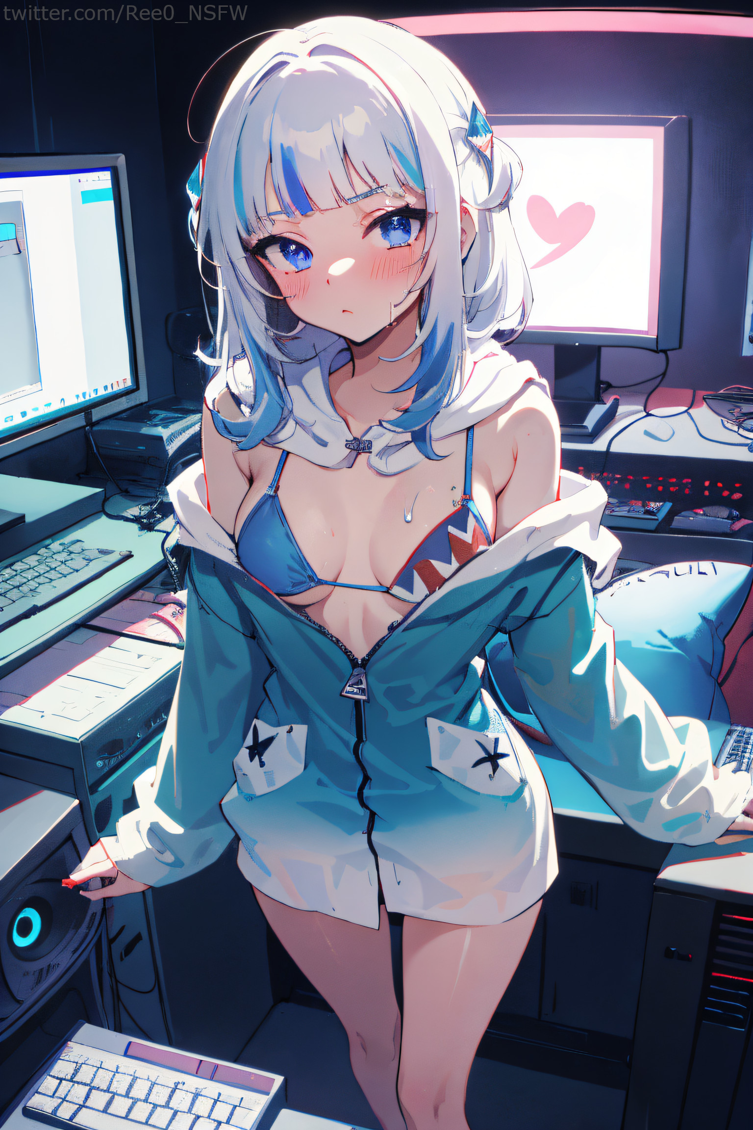 absurd res, ai generated, bangs, bikini, blue eyes, blue hair, blush, breasts, female, gawr gura, grey hair, hair ornament, heart, hi res, highres, hololive, hololive english, hololive myth, jacket, keyboard (computer), long sleeves, looking at viewer, medium breasts, multicolored hair, ree0, shark girl, shark tail, solo, streaked hair, swimsuit, virtual youtuber, vtuber