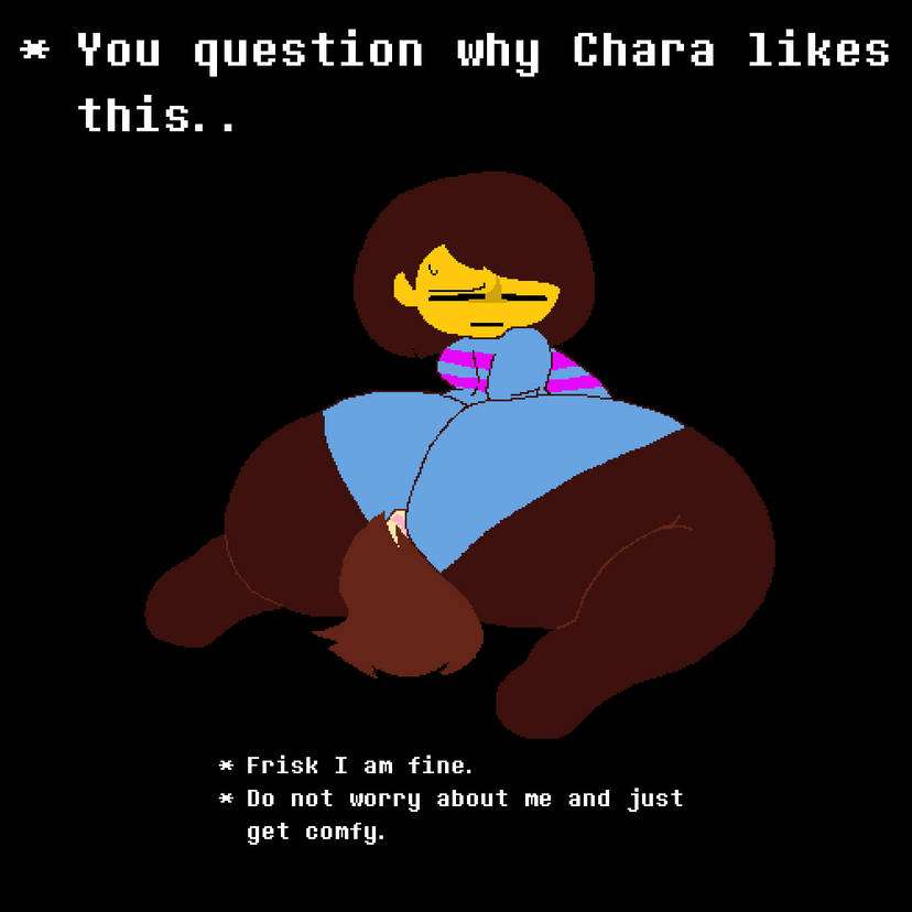 1boy 1girls 2d ass black_background blue_sweater brown_hair chara charisk color confused cooliocoolgang dialogue english english_dialogue english_text facesitting female female_on_male frisk green_sweater hair huge_ass male sweat tagme text undertale undertale_(series) yellow_skin