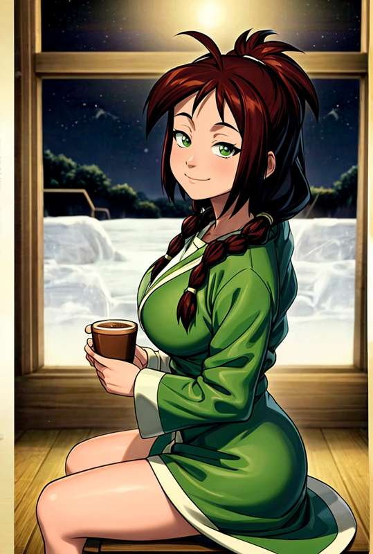 1girls, ai generated, alternate hairstyle, avatar legends, avatar the last airbender, bohdan sus, braided twintails, cup, earth kingdom, female, female focus, female only, green eyes, happy, happy female, jin (avatar), looking at viewer, ponytail, robe, sitting, solo, solo female, solo focus, stable diffusion, twintails