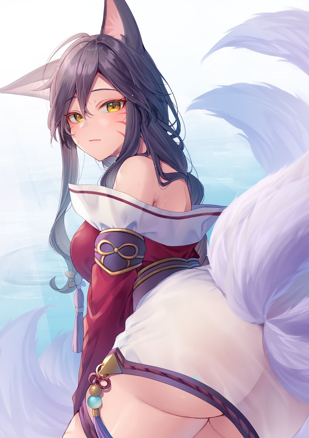 ahri, ass, black hair, facial markings, female, fox, fox ears, fox girl, fox tail, league of legends, momoirone, tagme, vastaya, yellow eyes