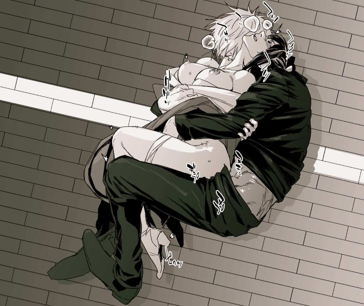 1boy, 1girls, breasts, clothed sex, female, hand on thigh, hug, jujutsu kaisen, light skin, line art, male, movement lines, orgasm, orgasm face, satoru gojo, tagme, tagme (artist), utahime iori