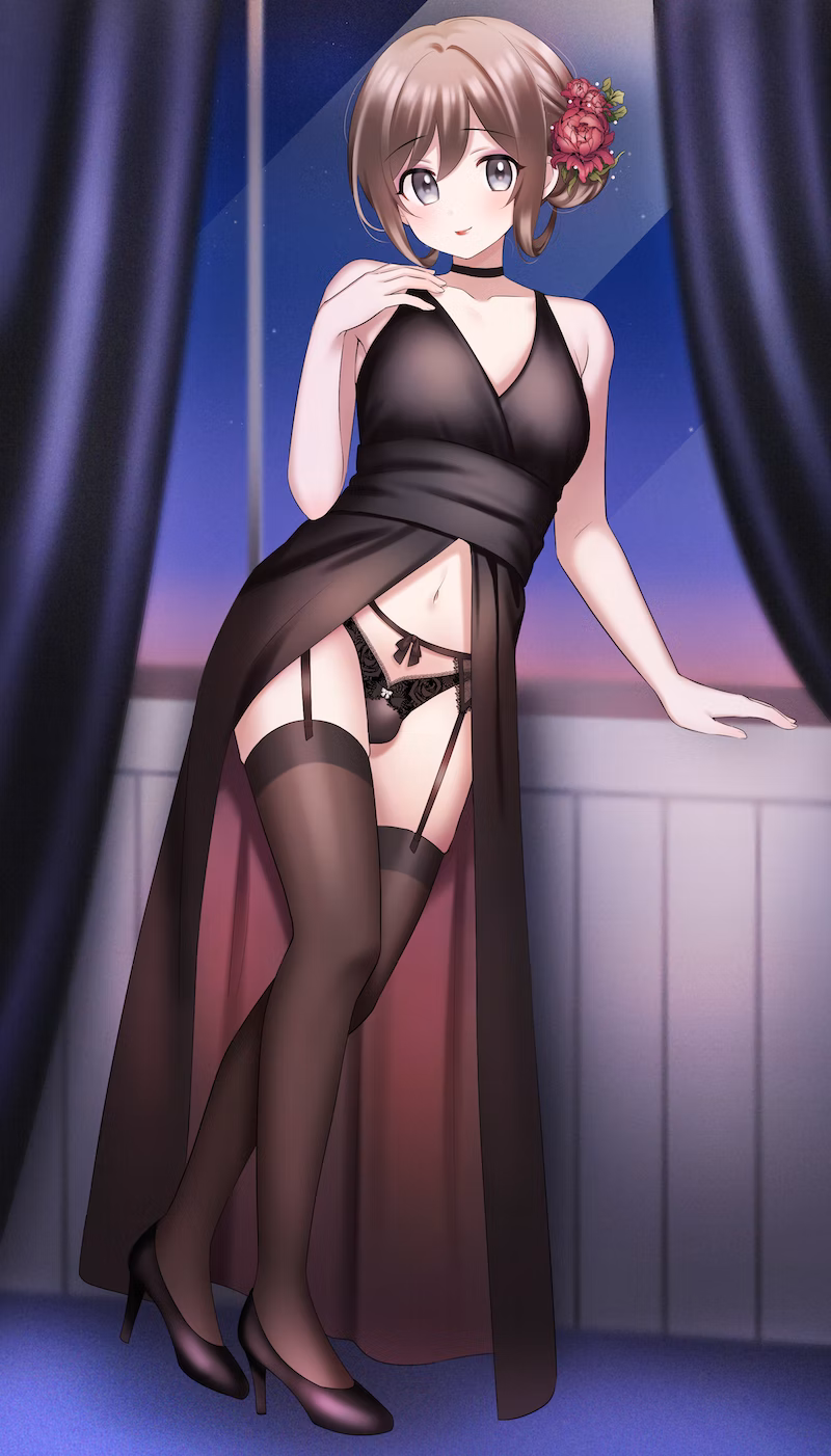 +++_(artist) 1boy 2022 black_dress black_eyes black_panties blush bow_panties brown_hair bulge calem_(pokemon) choker crossdressing curtains dress eyebrows_visible_through_hair eyeshadow femboy flower full_body garter_belt hair_bun hair_flower hair_ornament high_heels highres indoors lingerie lipstick looking_at_viewer male male_only navel night panties pokemon purple_eyeshadow red_flower red_lipstick short_hair sky smile solo standing stockings thighhighs thighs tied_hair trap underwear window