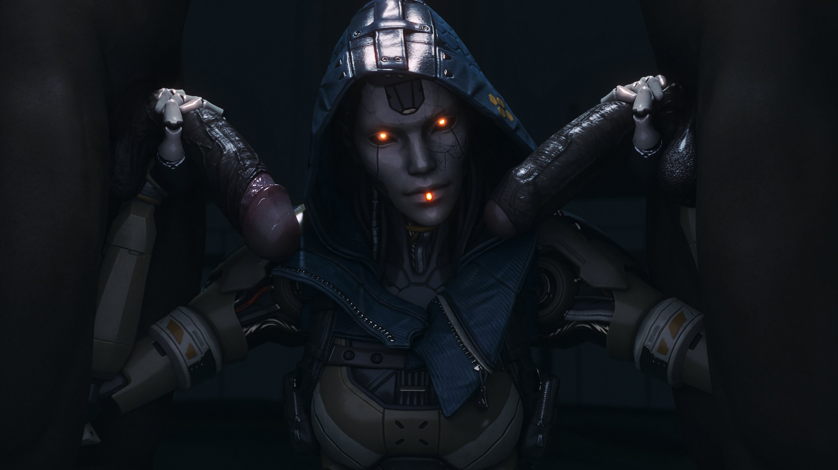 3d, apex legends, ash (apex legends), black penis, blender, female, hands on penis, looking at viewer, male, penis, robot girl, sfmlover22