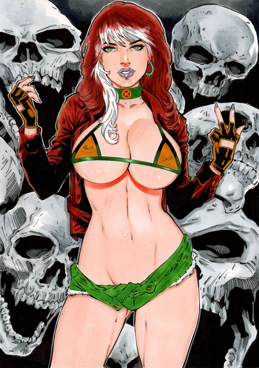 1girls anna_marie bikini brown_hair ed_benes_studio female female_only green_eyes huge_breasts long_hair marvel marvel_comics multicolored_hair rogue_(x-men) skull vagner_fernandes voluptuous white_hair x-men