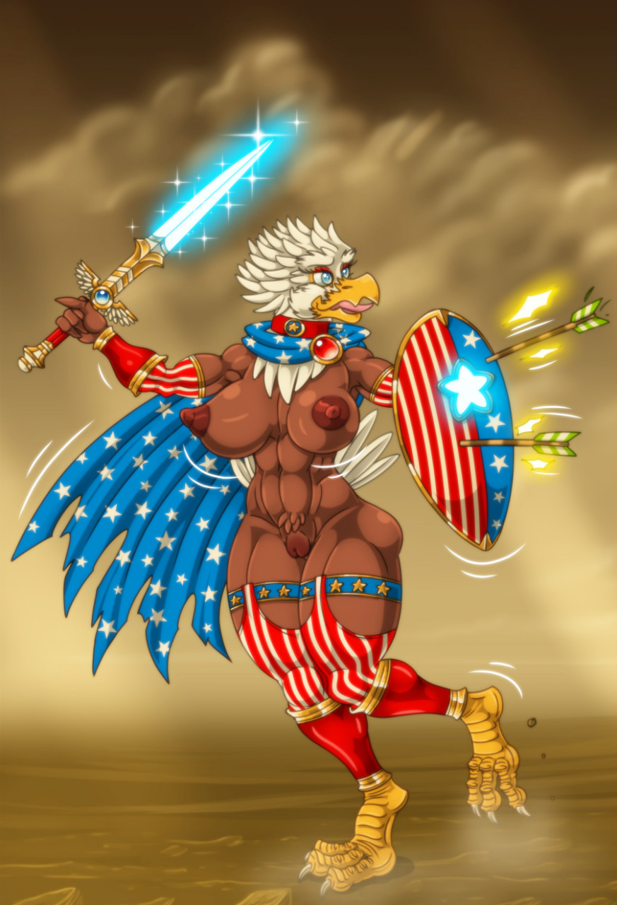 accipitrid accipitriform anthro areola armwear arrow_(weapon) avian bald_eagle beak big_breasts bird blue_cape blue_eyes breasts brown_areola brown_body brown_feathers brown_nipples brown_pussy bythebook clothing eagle eyelashes feathers female genitals hi_res holding_object holding_shield holding_sword holding_weapon legwear melee_weapon navel nipples nude open_mouth pattern_armwear pattern_clothing pattern_legwear pussy ranged_weapon red_armwear red_clothing red_legwear sea_eagle shield solo space_goblin sparkles stars_and_stripes striped_armwear striped_clothing striped_legwear stripes sword thick_thighs united_states_of_america weapon white_body white_feathers wide_hips