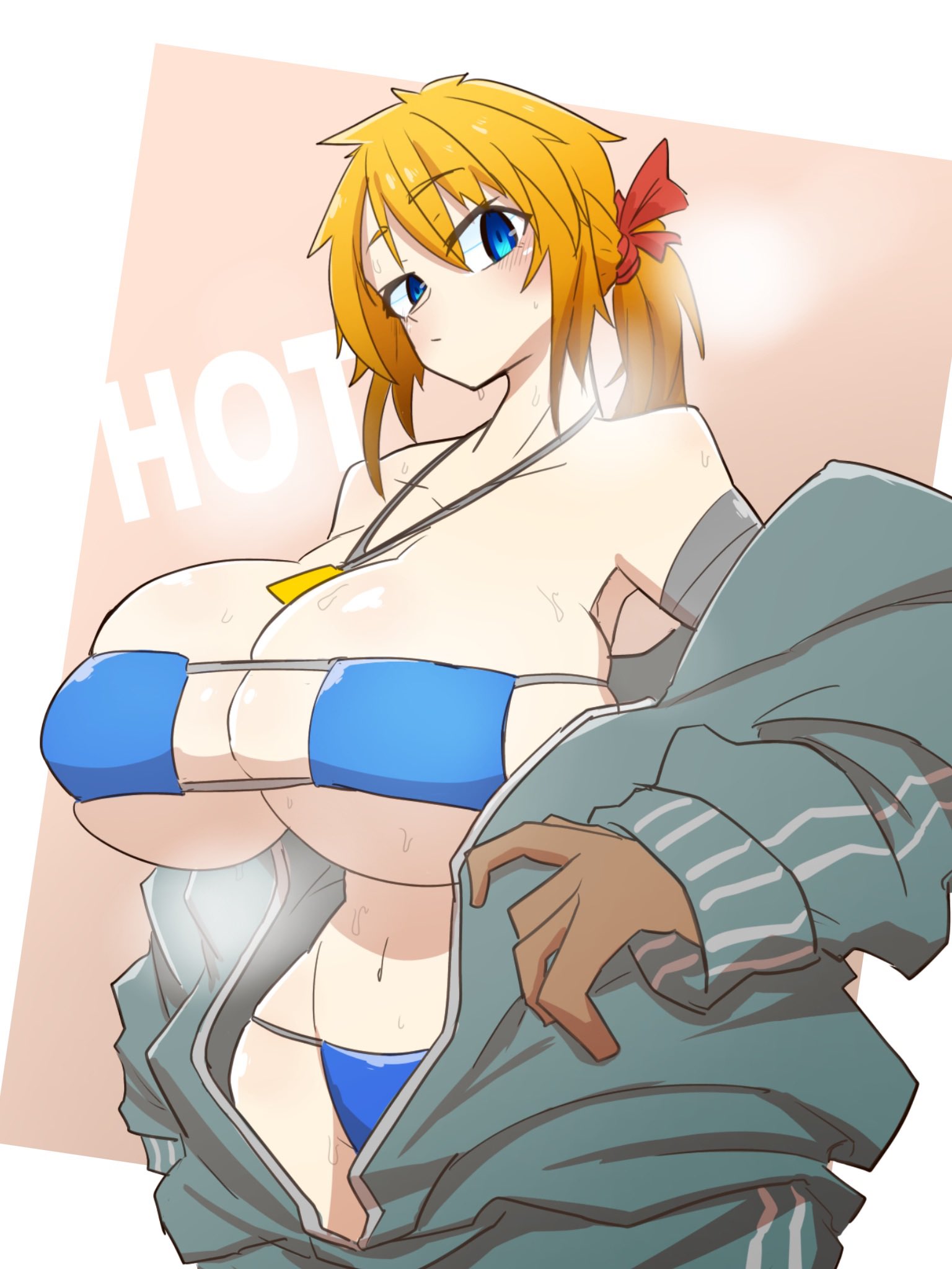 1girls big_breasts blue_bikini blue_eyes blush blush_lines enormous_breasts eyepatch_bikini gigantic_breasts gloves hair_ribbon huge_breasts jacket kyaz_4328 large_breasts light-skinned_female light_skin looking_at_viewer massive_breasts necklace orange_hair original_character ponytail skimpy skimpy_bikini smooth_skin solo solo_female solo_focus string_bikini sweat sweating sweaty_body taking_off_jacket thin_waist