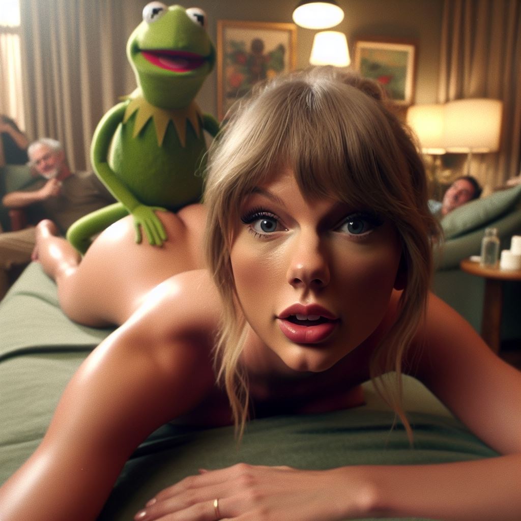 1girls ai_generated ambiguous_penetration ass ass_grab blonde_female blonde_hair blue_eyes celebrity dall-e3 female hands_on_ass human implied_sex indoors kermit_the_frog laying_down laying_on_bed laying_on_stomach legs lips looking_at_viewer massage massage_table muppets on_stomach open_mouth parted_lips people_in_background prone_bone puppet real_person sesame_street surprised surprised_expression tagme taylor_swift the_muppet_show