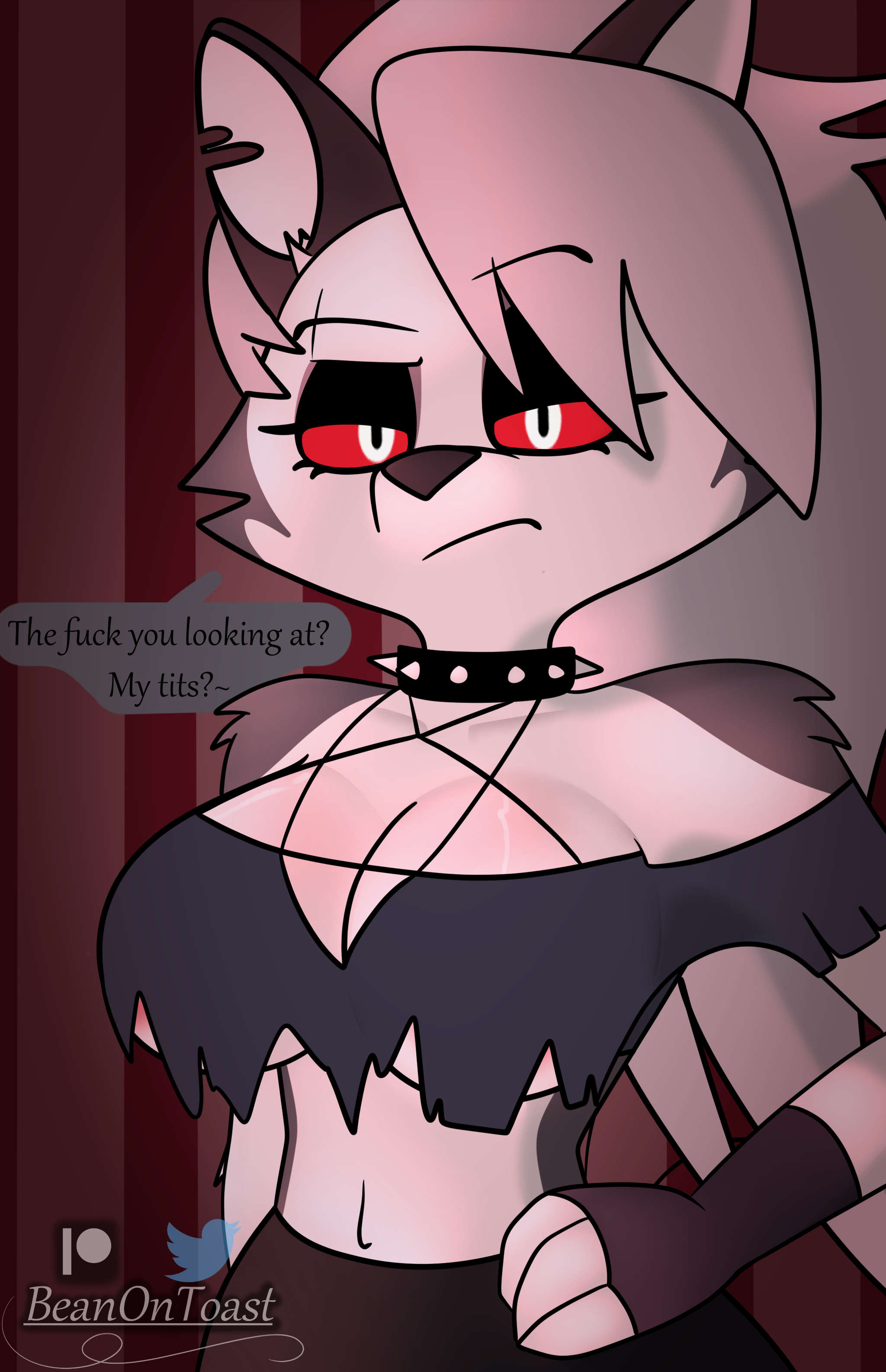1girls, anthro, beanontoast, big breasts, black fur, breasts, clothed, female, grey fur, helluva boss, loona (helluva boss), thick thighs, wolf, wolf girl