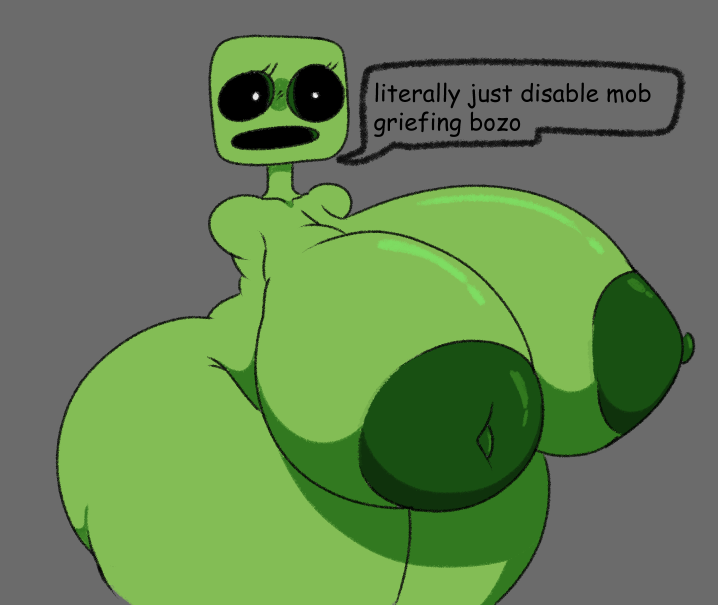 anthro armless ass big_breasts big_butt breasts creeper_(minecraft) dialogue english_text female green_body grey_body huge_breasts huge_butt lewdmaya microsoft minecraft mojang quadruped solo text xbox_game_studios