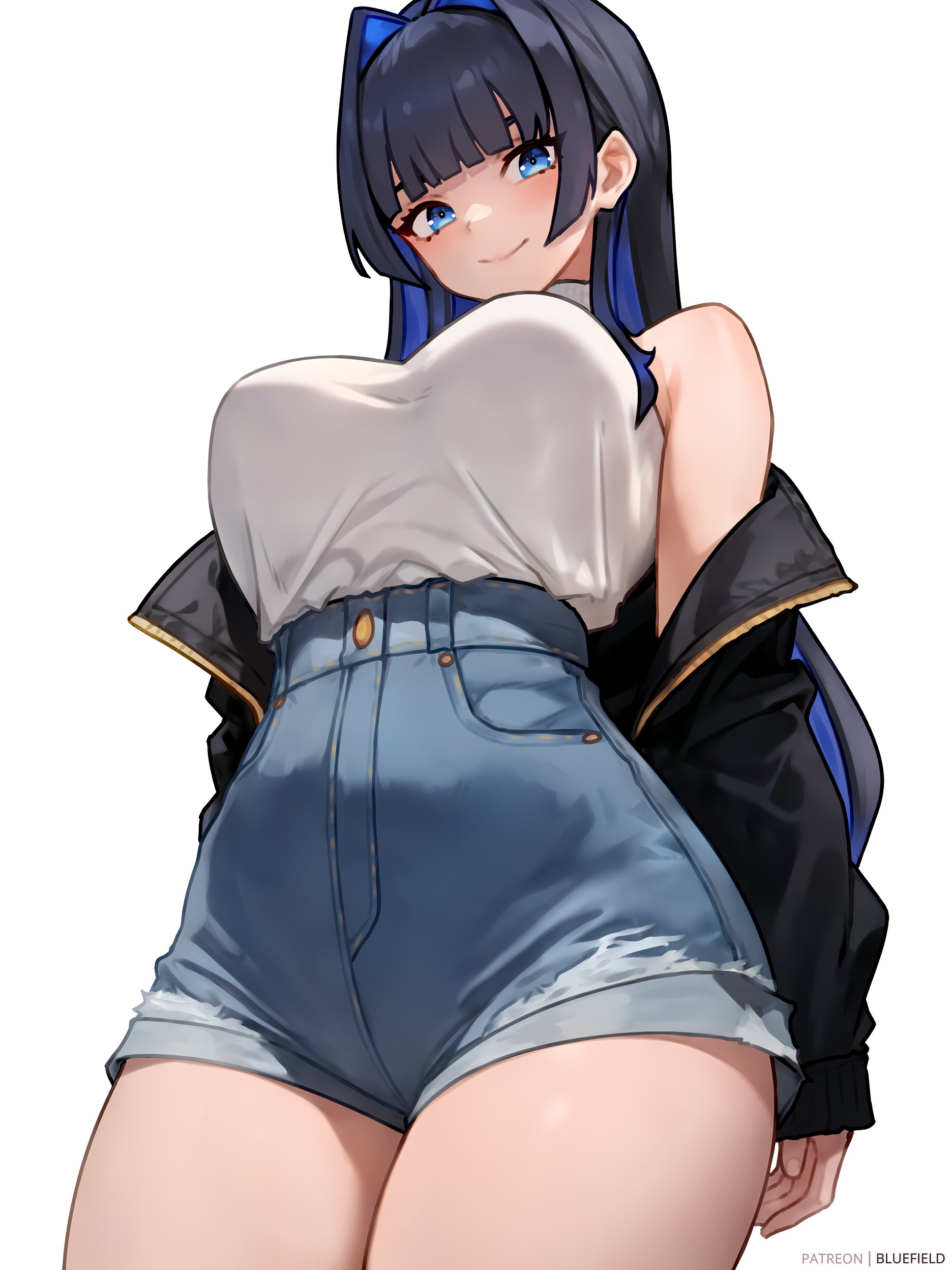 1girls, blue eyes, blue hair, bluefield, booty shorts, breasts, denim shorts, female, hololive, hololive english, hololive english -council-, hololive english -promise-, huge breasts, light skin, light-skinned female, long hair, low-angle view, ouro kronii, png version available, short shorts, shorts, thick thighs, virtual youtuber