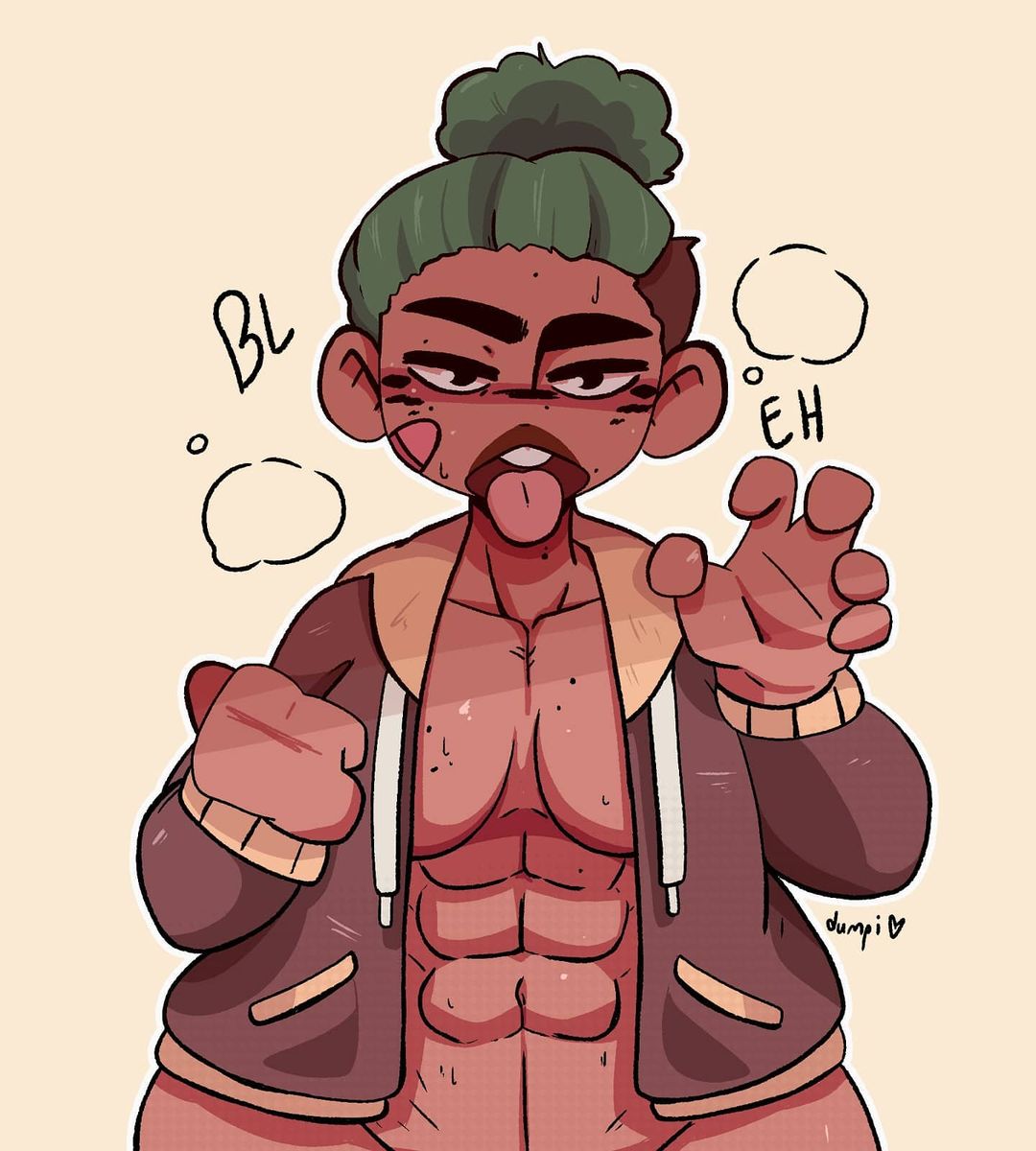 1girls abs bandaid big_hips bottomless dark-skinned_female dumpiwumpi_(artist) green_hair jacket jacket_open muscular_female small_breasts sweating tara_(dumpiwumpi) thick_thighs tongue_out