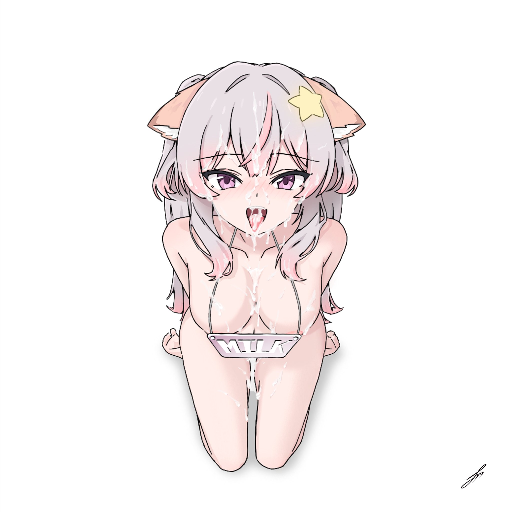 annytf, breasts, cum, cum in mouth, cum on body, cum on breasts, cum on face, ecchicalpi (annytfsimp), female, fox girl, hands behind back, indie virtual youtuber, naked, sign, tongue, tongue out, virtual youtuber