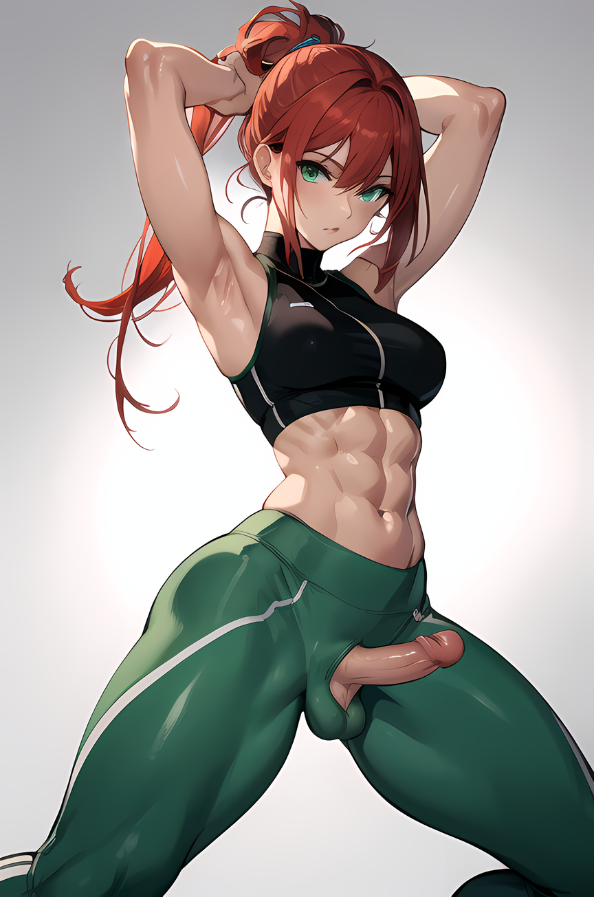 1futa, abs, ai generated, balls, balls bulge, balls under clothes, black bra, bulge, fit, fit futa, futa only, futanari, ginger, green eyes, green legwear, intersex, light skin, penis, penis out, ponytail, red hair, redbisycle, sports bra, yoga pants