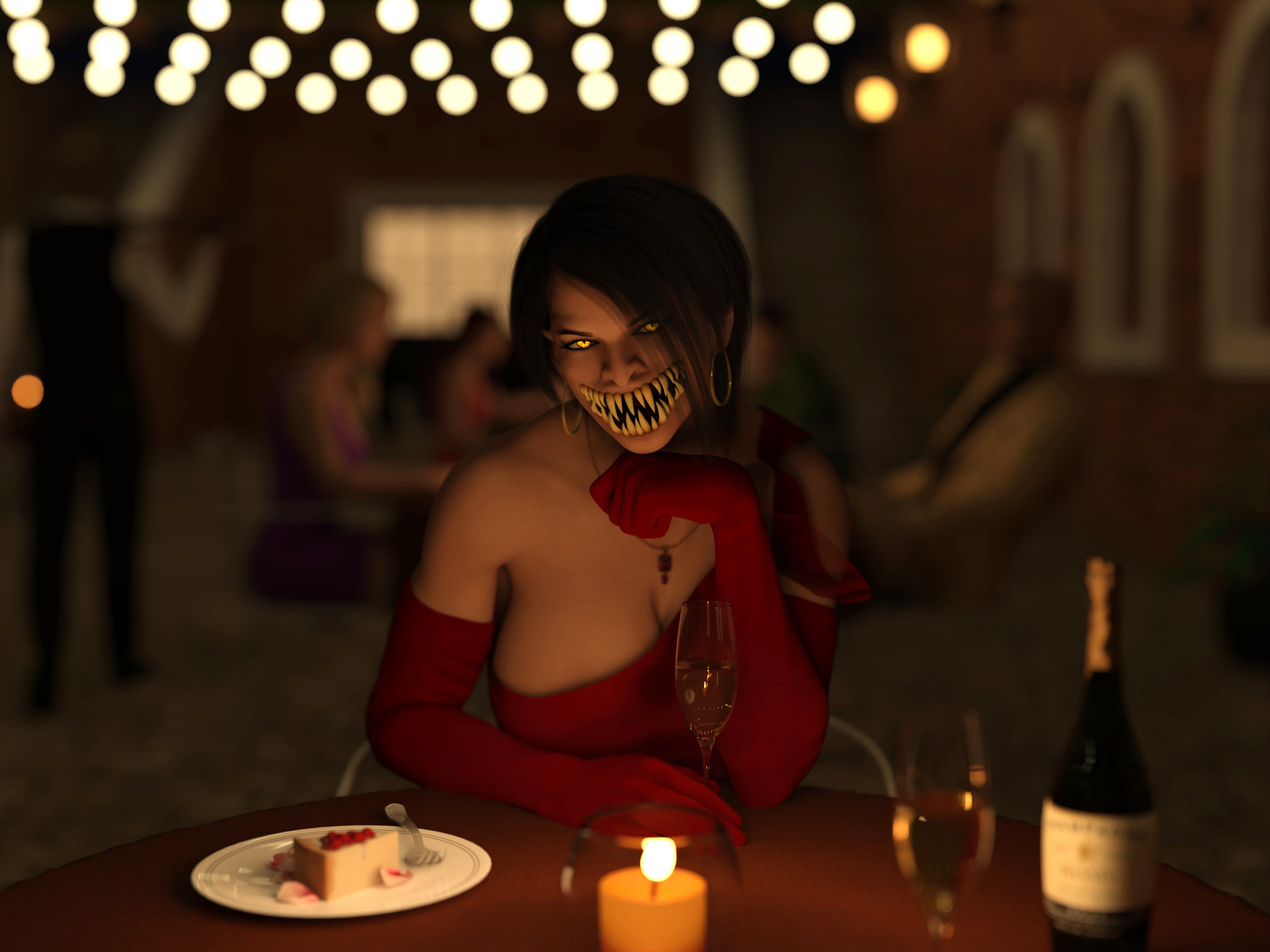1girls, black hair, blurry, bottle, breasts, cake, candle, cleavage, daz studio, depth of field, dress, drinking glass, earrings, elbow gloves, female, female focus, food, fork, gloves, grin, hi res, hoop earrings, jewelry, large breasts, looking at viewer, mileena, mileena (mk9), mortal kombat, mortal kombat (2011), necklace, netherrealm studios, phantaseye, pov, pov eye contact, red clothing, sharp teeth, slit pupils, solo focus, table, wholesome, wine