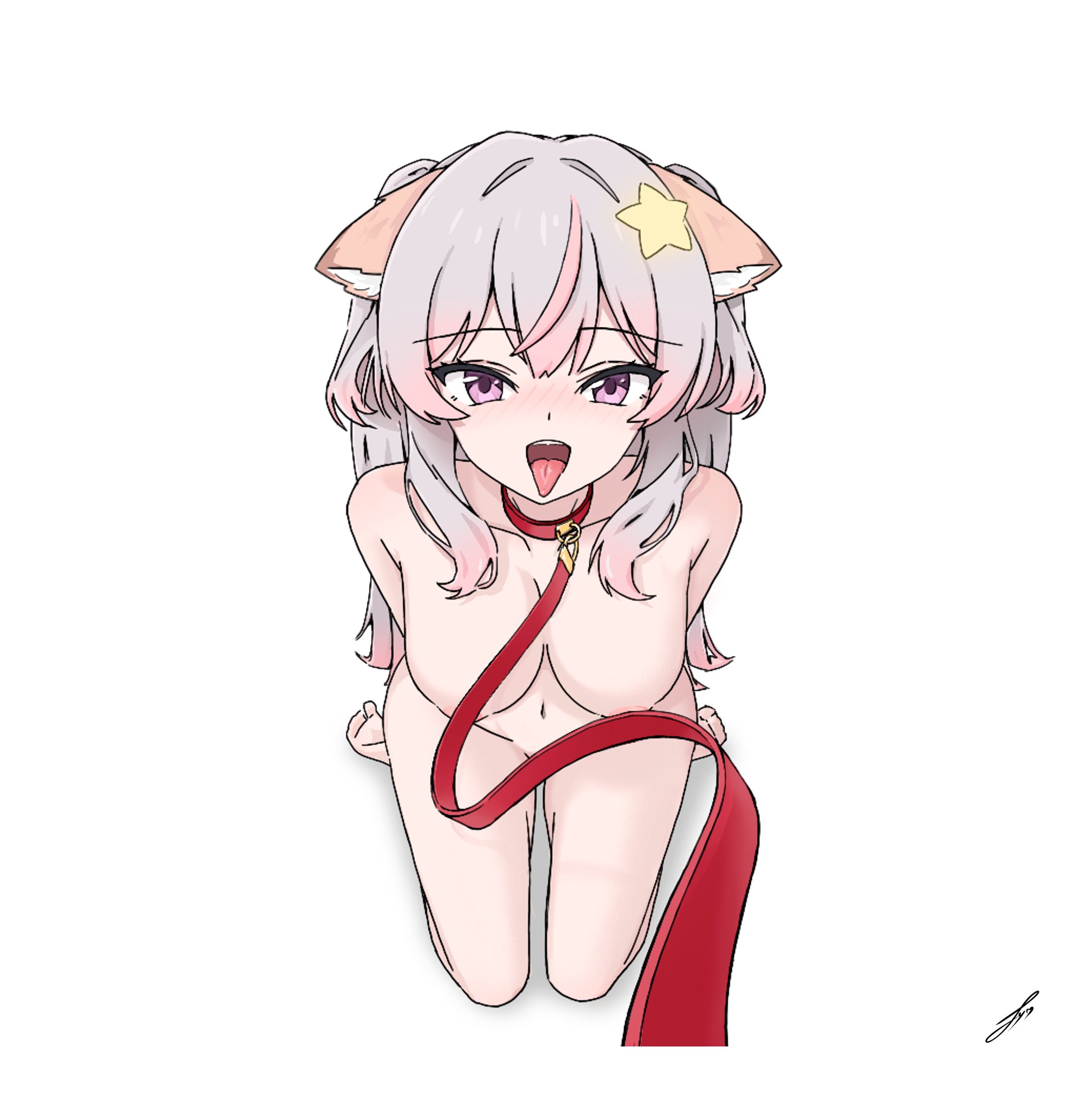 annytf, collar, ecchicalpi (annytfsimp), female, fox girl, hands behind back, indie virtual youtuber, naked, tongue, tongue out, virtual youtuber