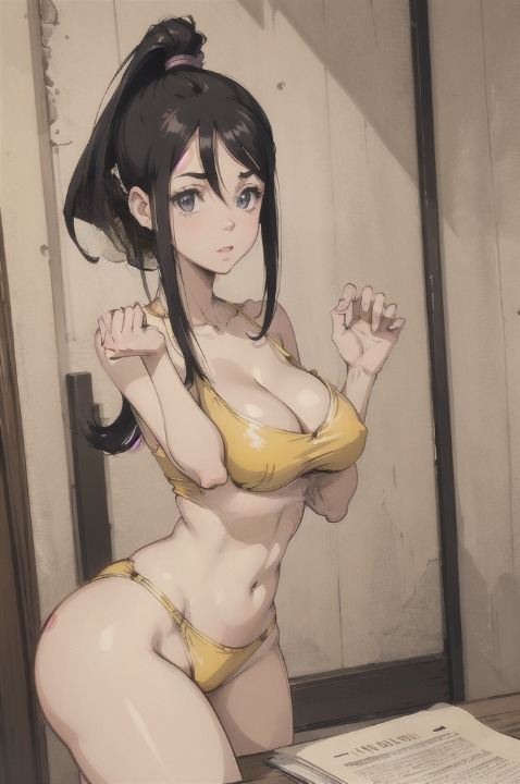 ai_generated big_ass big_breasts bikini bikini_bottom bikini_top black_hair blue_eyes large_ass large_breasts long_hair looking_at_viewer nakatsukasa_tsubaki pale_skin ponytail soul_eater swimsuit thighs triluxor1331 voluptuous voluptuous_female wide_hips