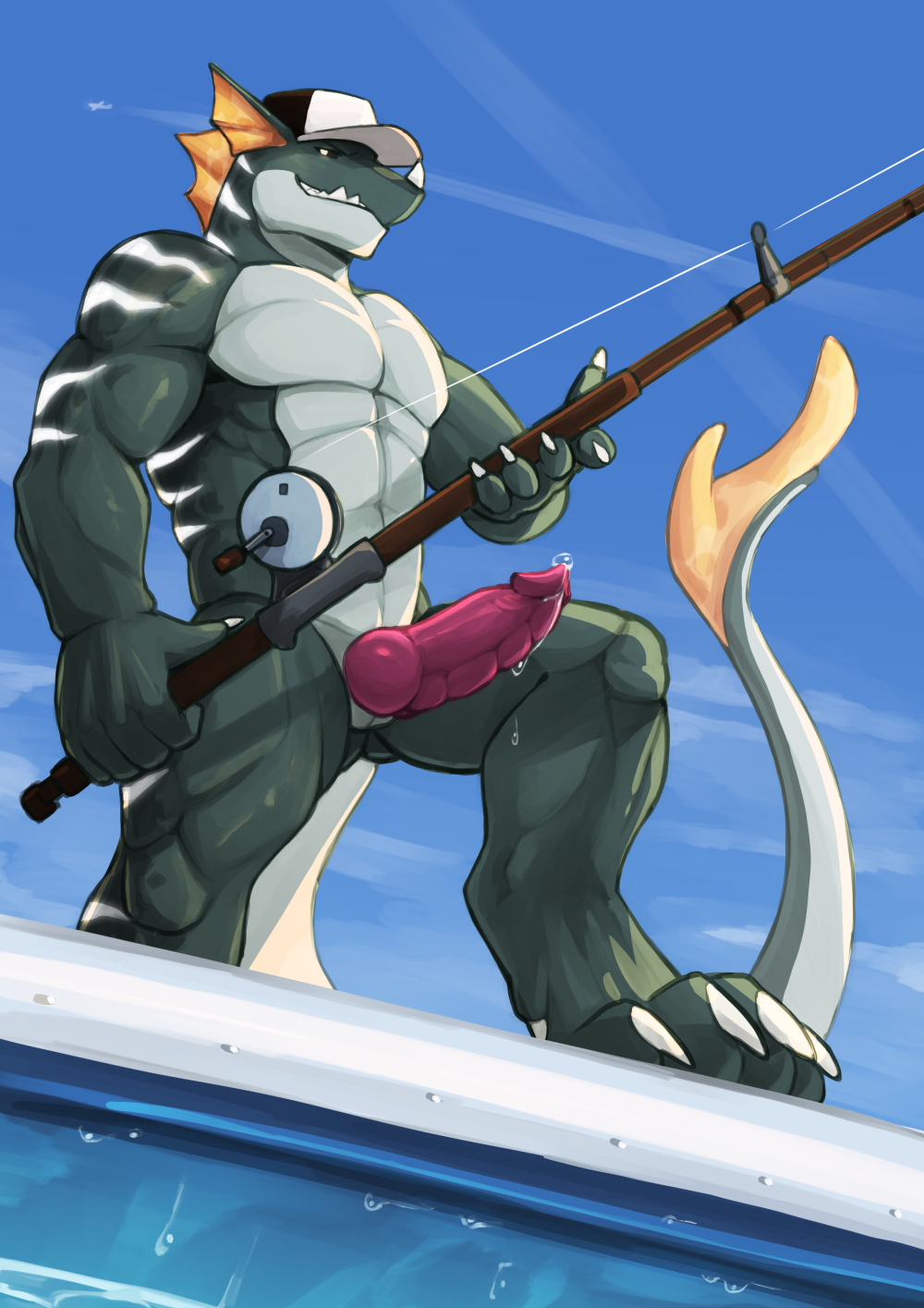 anthro barazoku baseball_cap bodily_fluids clothing digital_media_(artwork) erection fish fishing_rod genital_fluids genitals hat headgear headwear hi_res knot looking_at_viewer male marine muscular muscular_anthro muscular_male nude penis precum smile solo tail teeth vitaly_(artist)