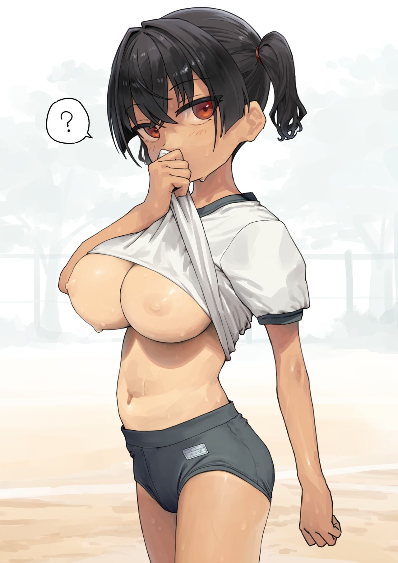 1girls black_hair blissfully_ignorant female female_only gym_uniform kaedeko_(kaedelic) kanna_sasaki_(kaedeko) large_breasts nipples original red_eyes shirt_lift shorts shortstack solo twintails unaware wiping_sweat wiping_with_shirt