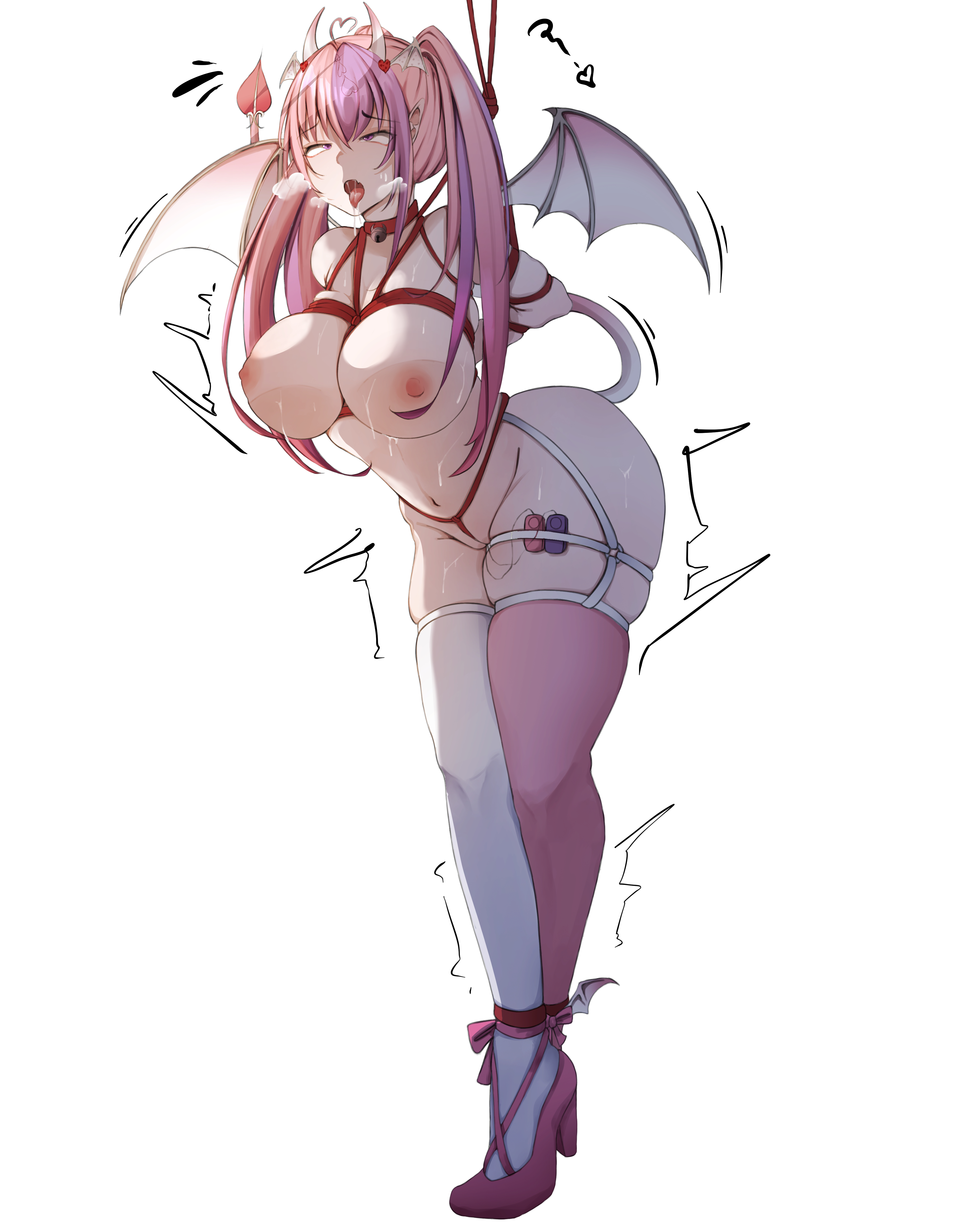 1girls, arms behind back, big breasts, bondage, breasts, collar, female, functionally nude, heavy breathing, heels, horns, ironmouse, ironmouse (demon queen), large breasts, legs together, lin artshu, motion lines, nipples, restrained, steamy breath, suspension, sweat, tail, thick thighs, thighs, tied up, tongue, tongue out, trembling, vibrator, virtual youtuber, vshojo, white background, wings
