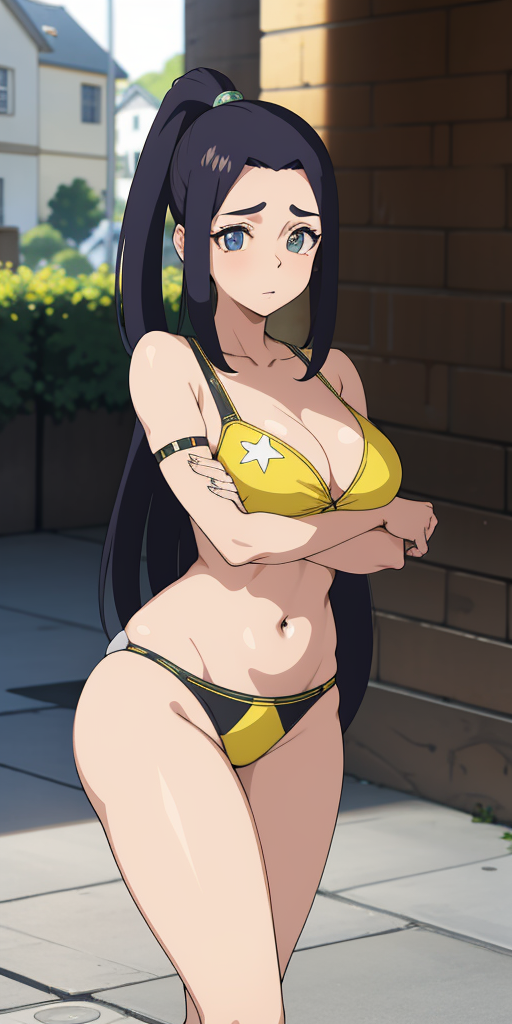 ai_generated arms_under_breasts big_ass big_breasts bikini bikini_bottom bikini_top black_hair blue_eyes breast_rest large_ass large_breasts long_hair looking_at_viewer nakatsukasa_tsubaki navel pale_skin ponytail soul_eater swimsuit thighs triluxor1331 voluptuous voluptuous_female wide_hips