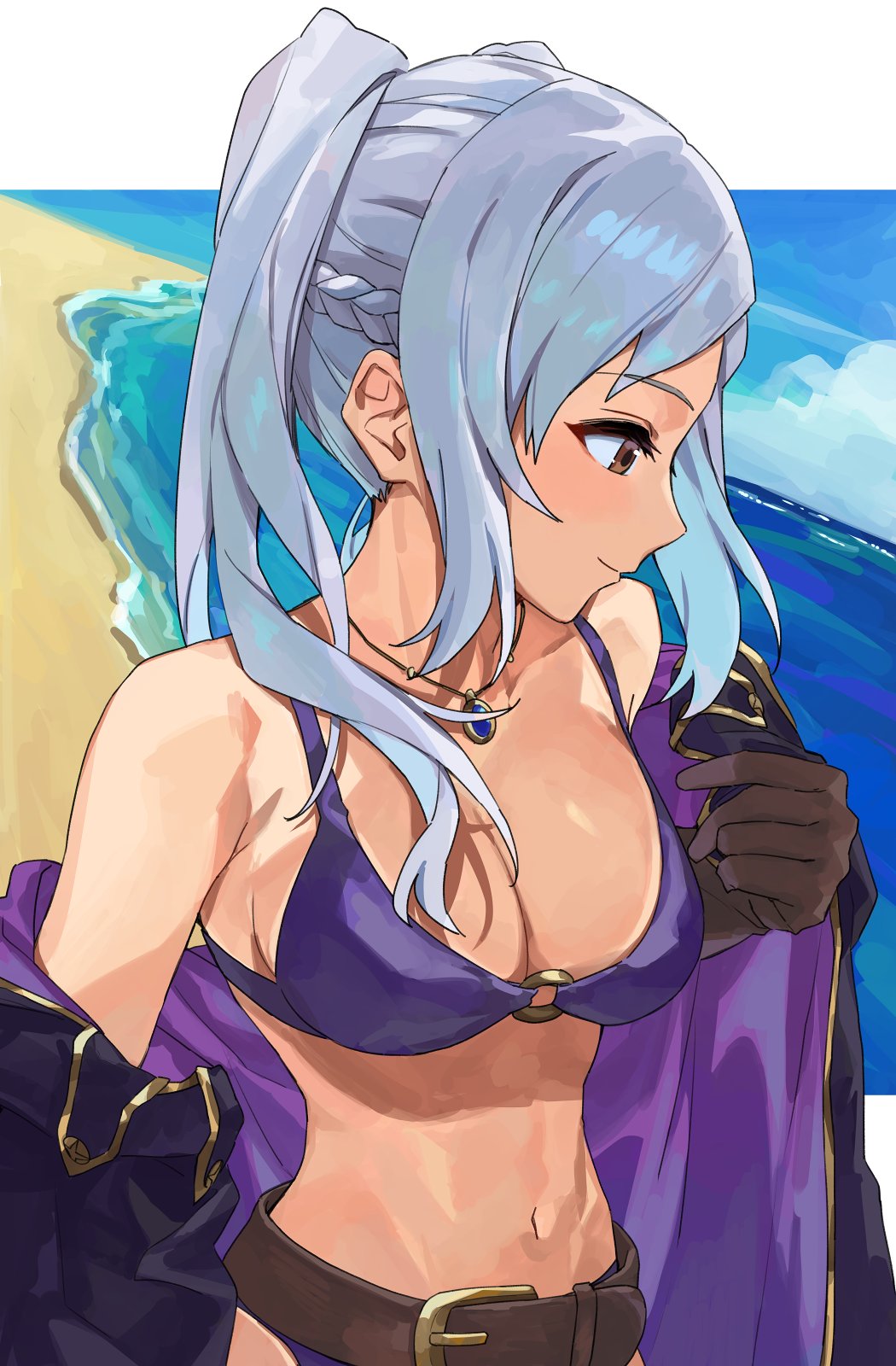 1girls alternate_costume bare_shoulders beach belt bikini breasts brown_eyes brown_gloves cleavage coat female fire_emblem fire_emblem_awakening fire_emblem_heroes gloves highres jewelry kamu_(kamuuei) long_hair looking_to_the_side medium_breasts navel necklace nintendo o-ring o-ring_bikini o-ring_top ocean off_shoulder official_alternate_costume overcoat purple_bikini purple_swimsuit robin_(female)_(summer)_(fire_emblem) robin_(fire_emblem) robin_(fire_emblem)_(female) smile solo swimsuit twintails water white_hair