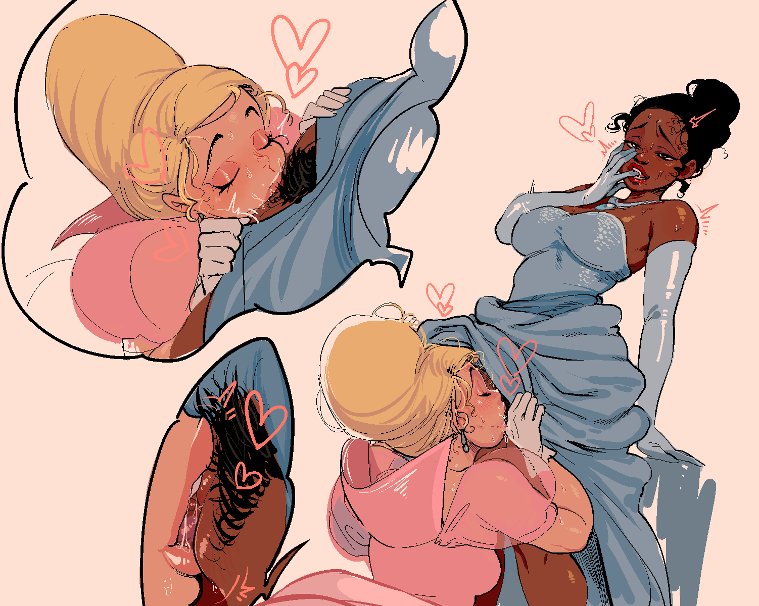 2girls apteraclytia black_hair blonde_hair blue_dress blush charlotte_la_bouff close-up cunnilingus dark-skinned_female dark_skin disney disney_princess dress dress_lift eating_pussy evening_gloves eyelashes face_in_crotch female female/female female_only finger_in_mouth genital_fluids grabbing_dress head_under_clothes heart hearts hearts_around_head hiding_in_dress interracial interracial_yuri lesbian light-skinned_female long_gloves looking_pleasured motion_lines multiple_girls opera_gloves pink_dress pink_lips pleasure_face princess_dress pubic_hair pussy_hair pussy_juice shaking short_hair simple_background spoken_heart sweat sweatdrop sweating the_princess_and_the_frog tiana trembling under_clothes under_dress yuri