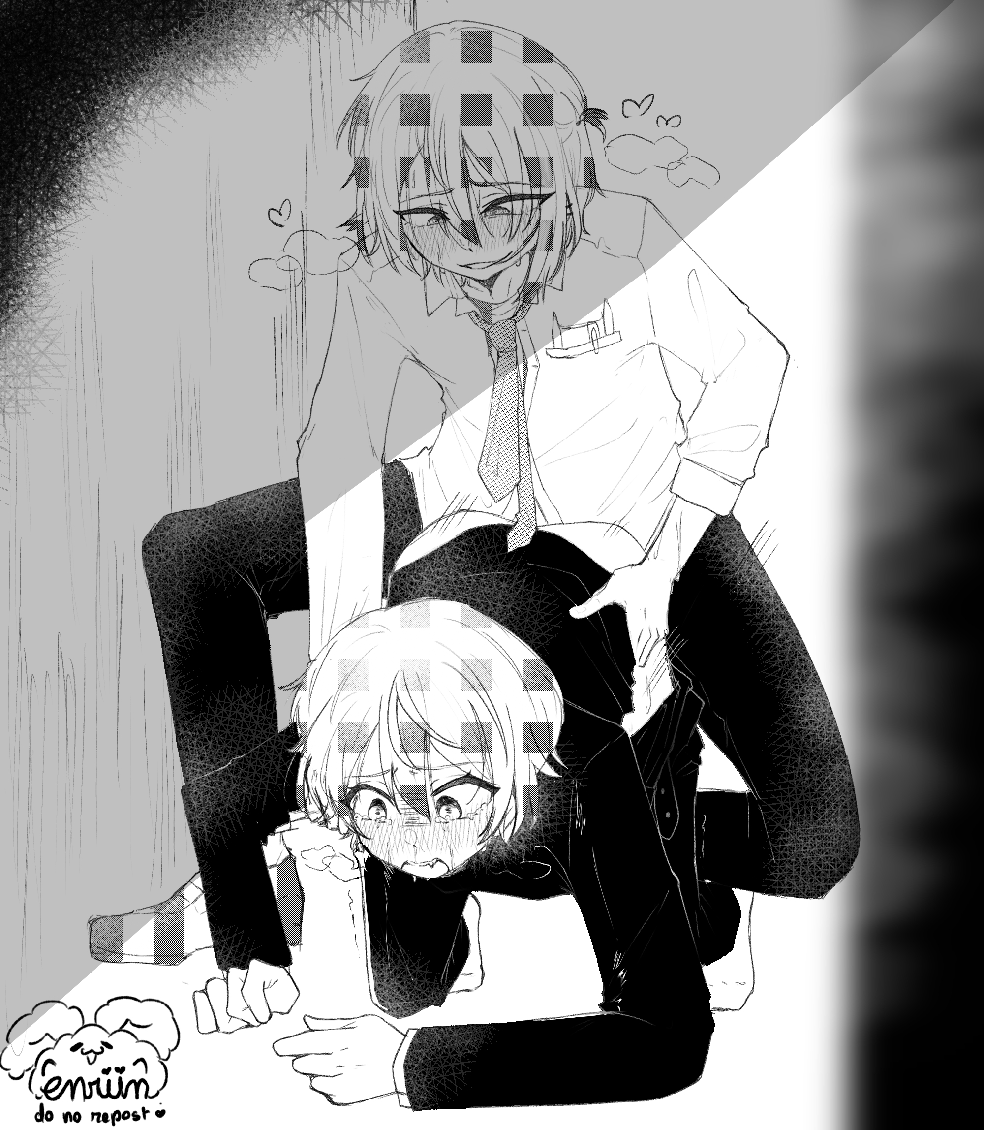 2boys, anal, black uniform, blush, clothed, clothed sex, crying with eyes open, femboy, fucked from behind, fully clothed, gay, girly, grabbing hips, kamishiro rui, male, male only, project sekai, rape, school uniform, smiling, sweating, tagme, tenma tsukasa, wide eyed, yaoi, young