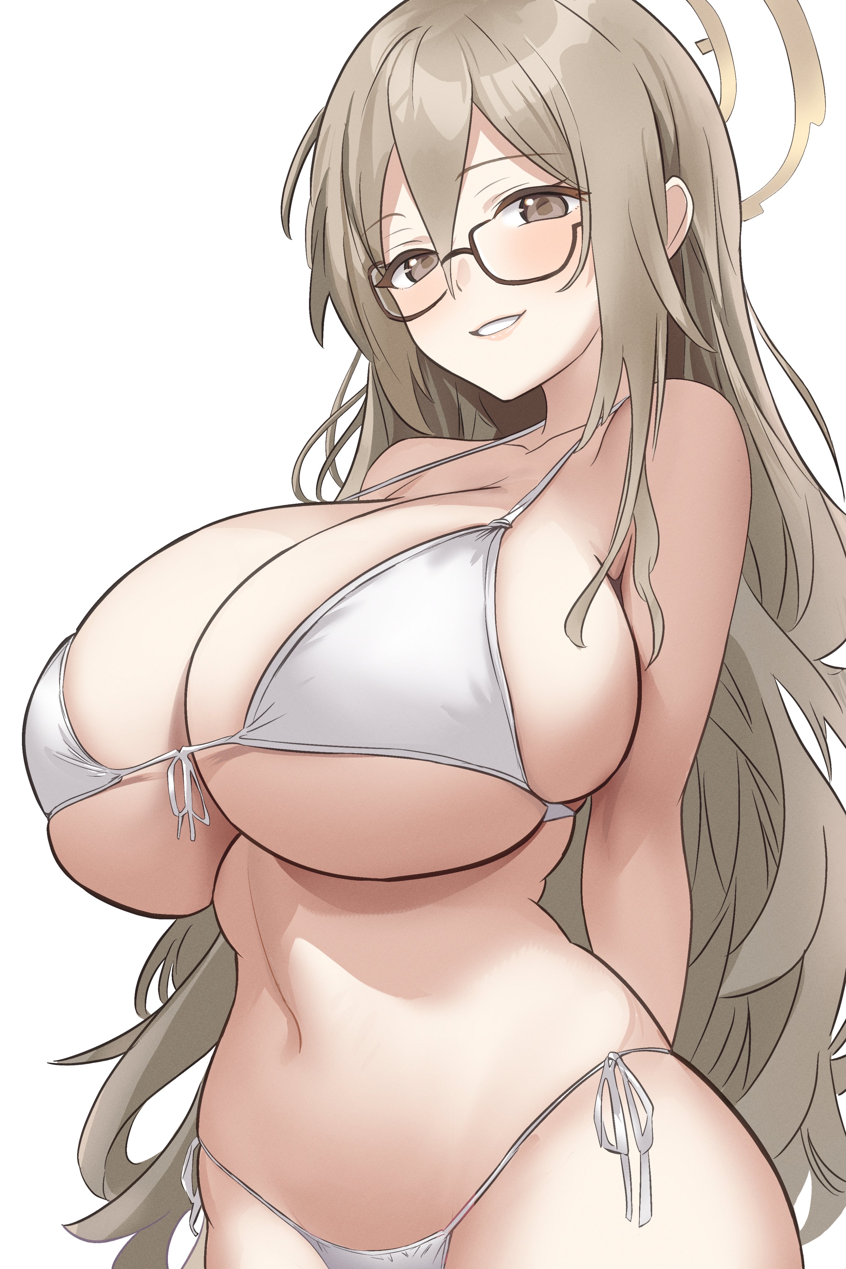 1girls, akane (blue archive), bikini, blue archive, breasts, brown eyes, cleaning & clearing (blue archive), curvy, female, female only, glasses, huge breasts, large breasts, light brown hair, long hair, looking at viewer, millennium science school student, ossou rocket, side-tie bikini, simple background, smile, solo, solo female, swimsuit, thick, voluptuous, white background, white bikini, white swimsuit