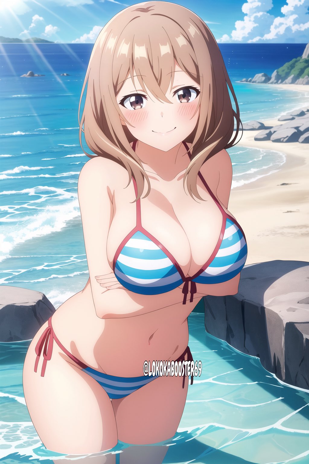 ai_generated arms_under_breasts beach big_breasts bikini brown_eyes brown_hair katase_shiori lokokabooster69 looking_at_viewer my_tiny_senpai short_hair smiling_at_viewer tagme uchi_no_kaisha_no_chiisai_senpai_no_hanashi wavy_hair