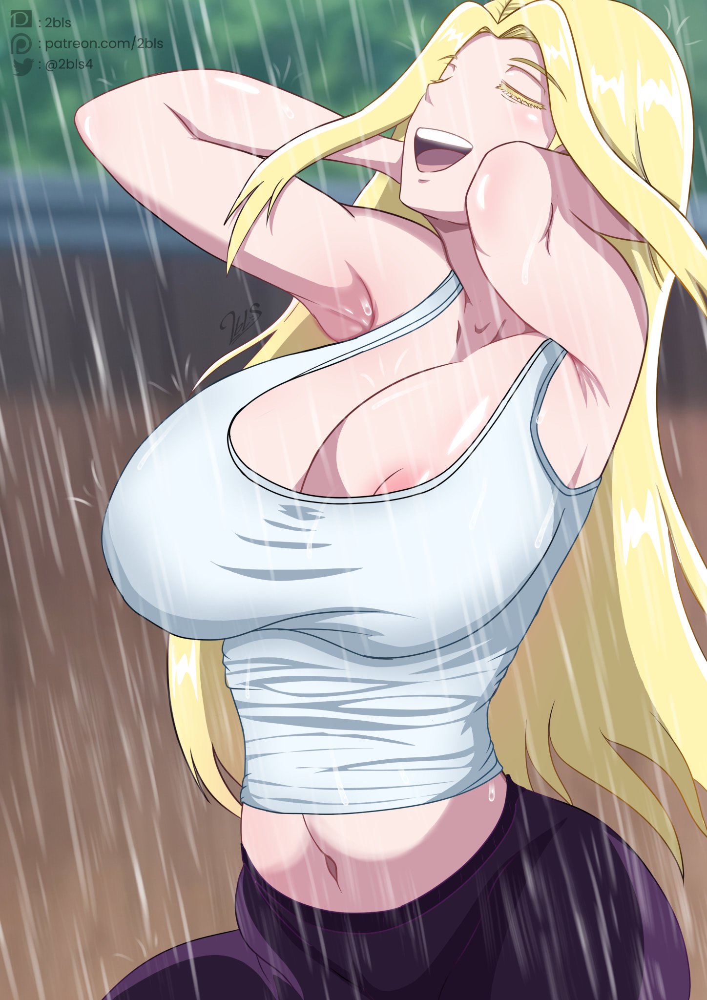 1girls, 2bls, armpits, beatrix amerhauser, blonde hair, blonde-haired female, breasts, closed eyes, female, light skin, light-skinned female, long hair, nipples, raining, zom 100: zombie ni naru made ni shitai 100 no koto