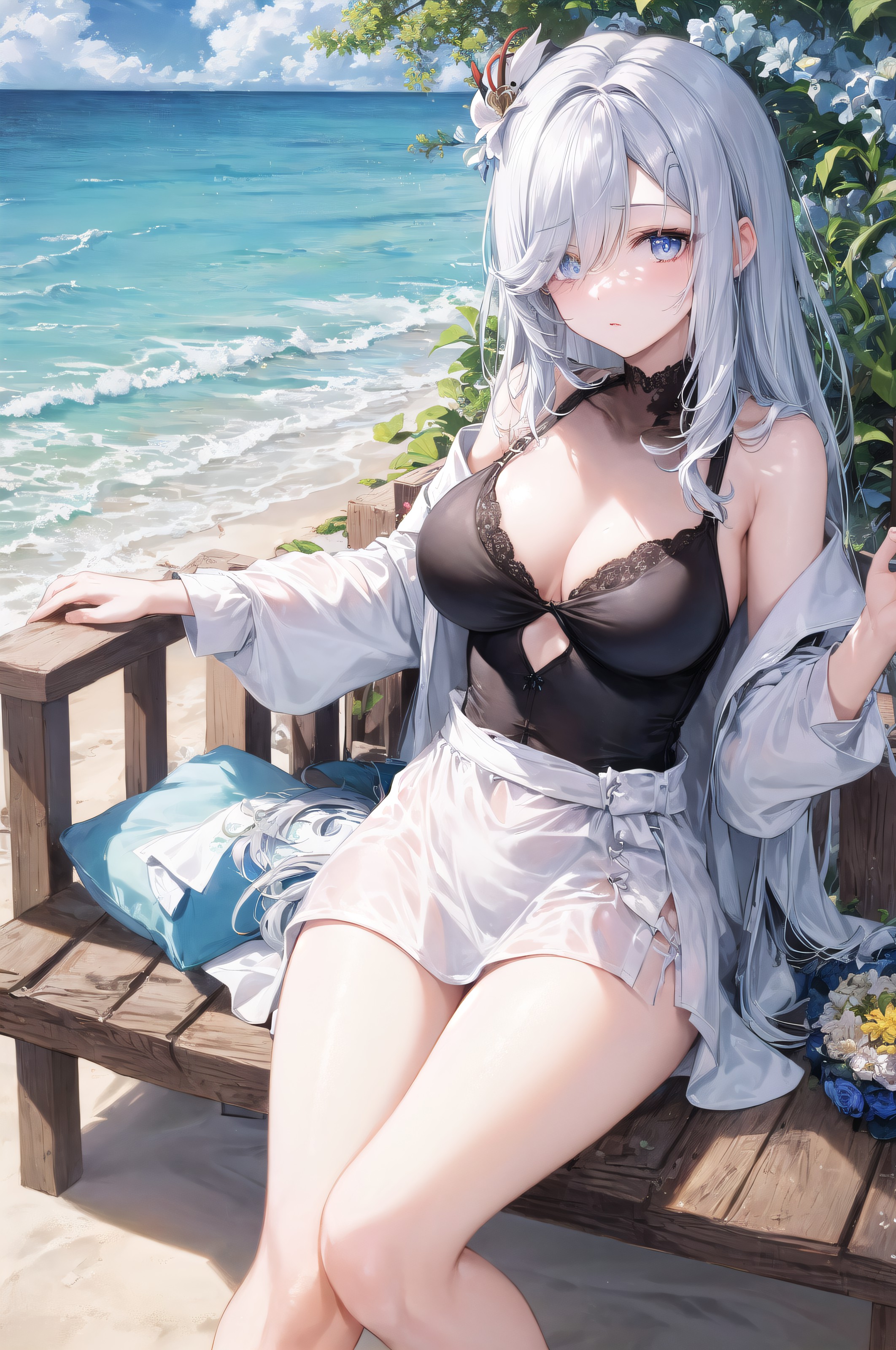 ai generated, embarrassed, female, genshin impact, grey hair, long hair, nervous, shenhe (genshin impact), shy, stable diffusion
